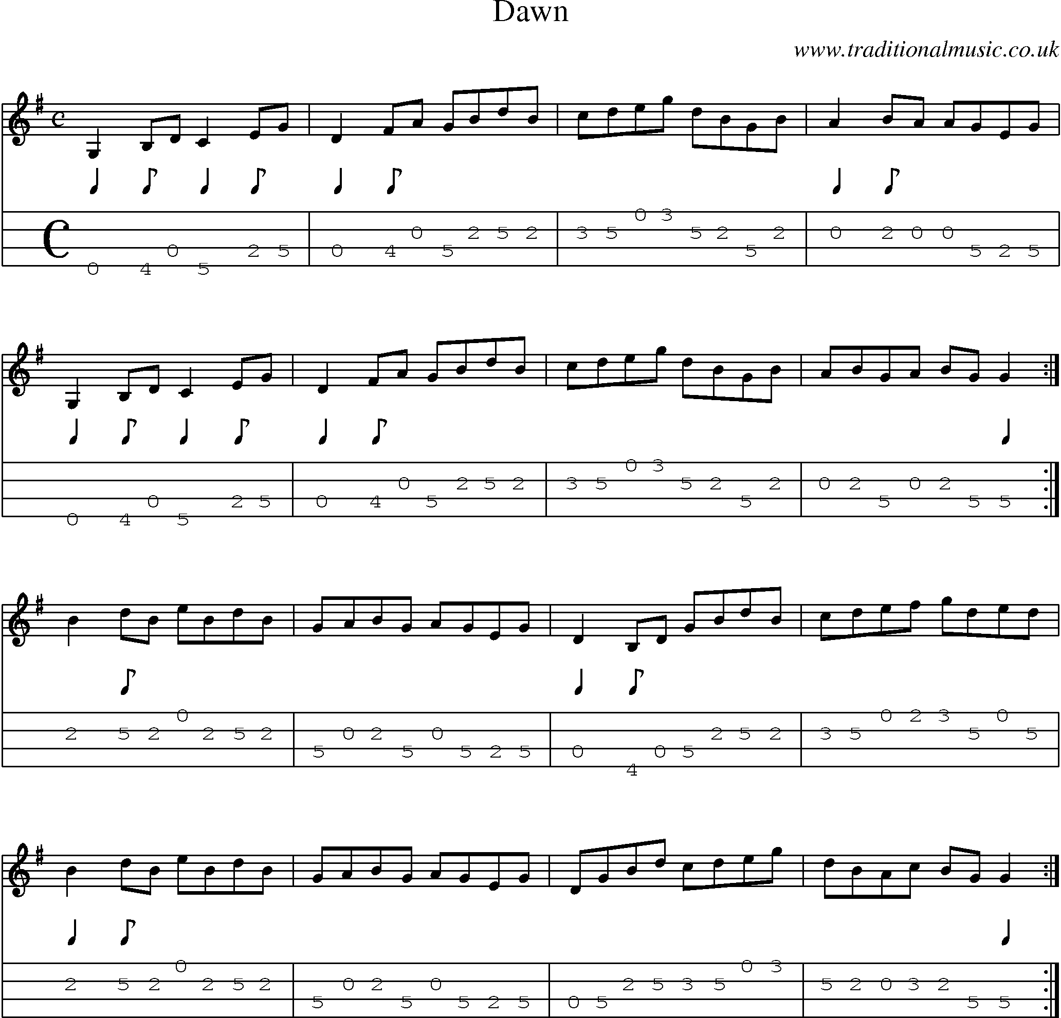 Music Score and Mandolin Tabs for Dawn