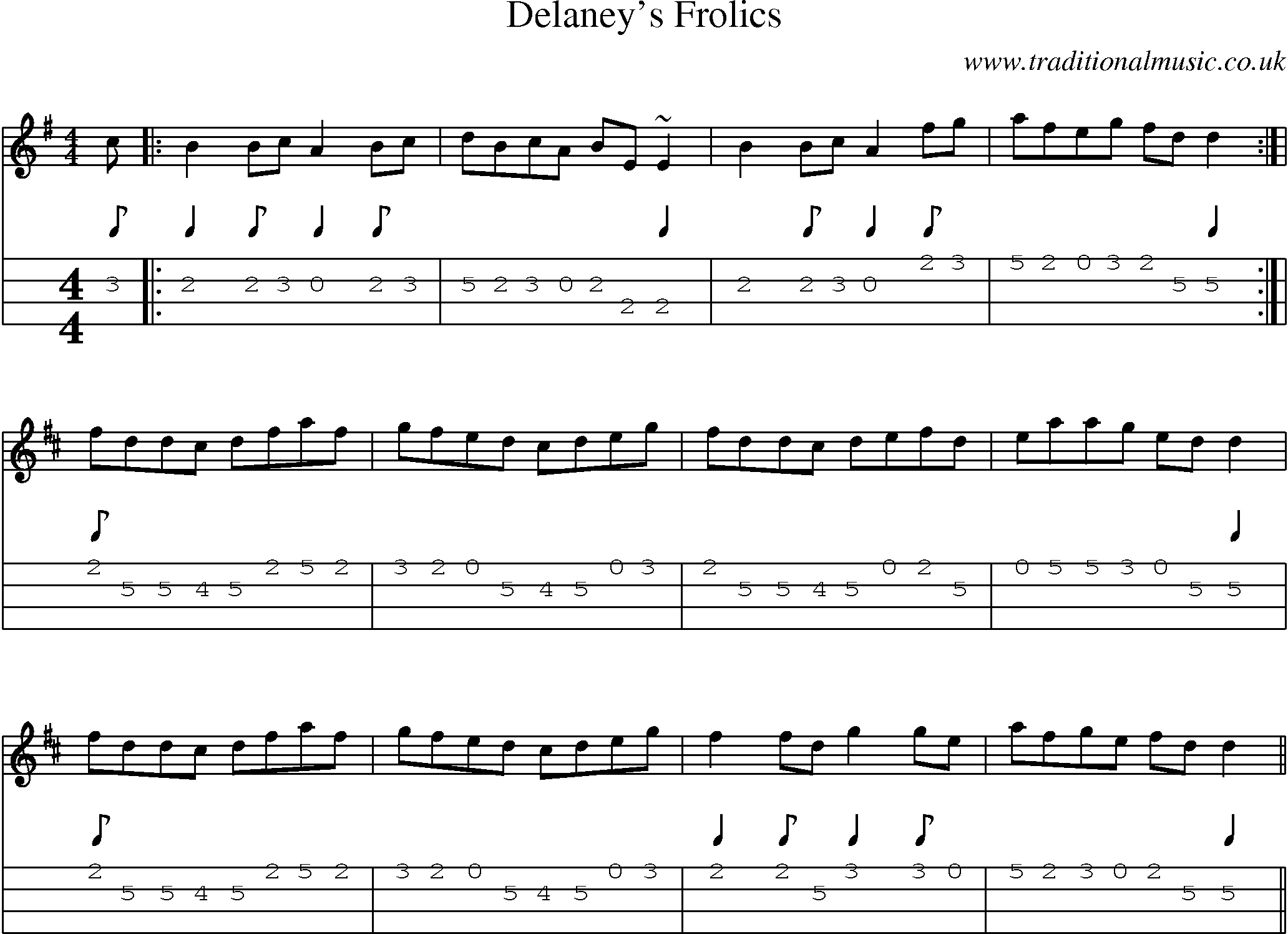 Music Score and Mandolin Tabs for Delaneys Frolics
