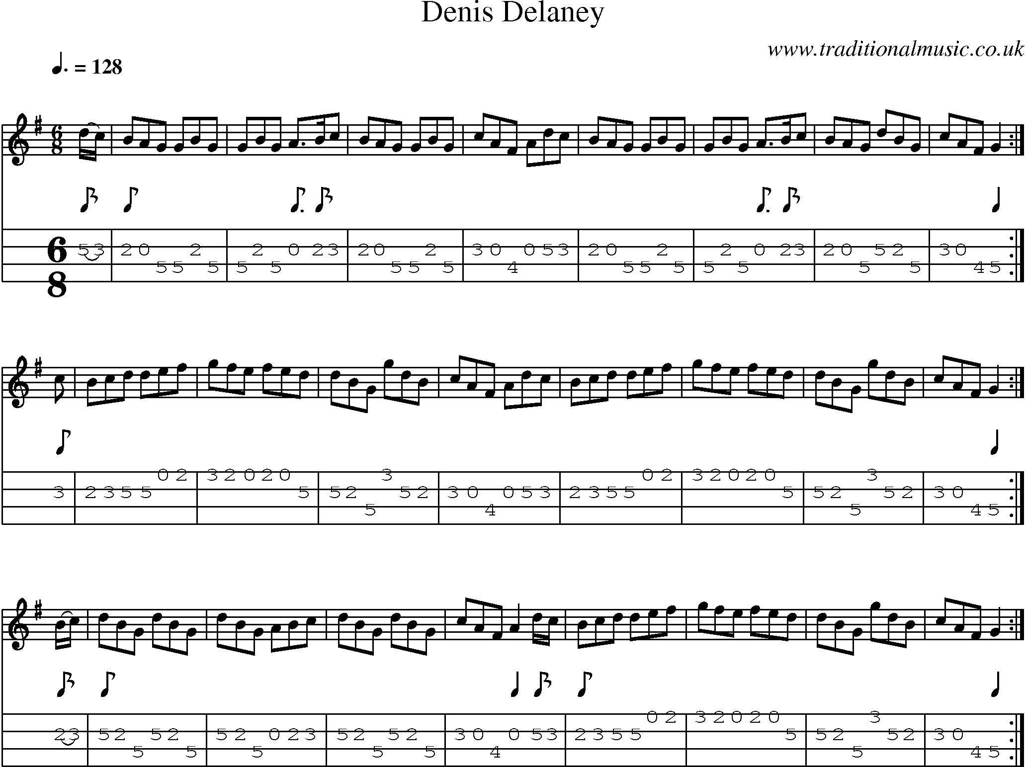 Music Score and Mandolin Tabs for Denis Delaney