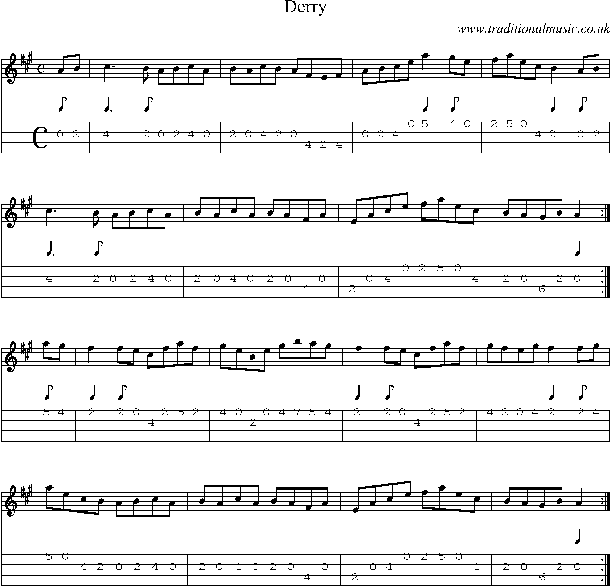 Music Score and Mandolin Tabs for Derry