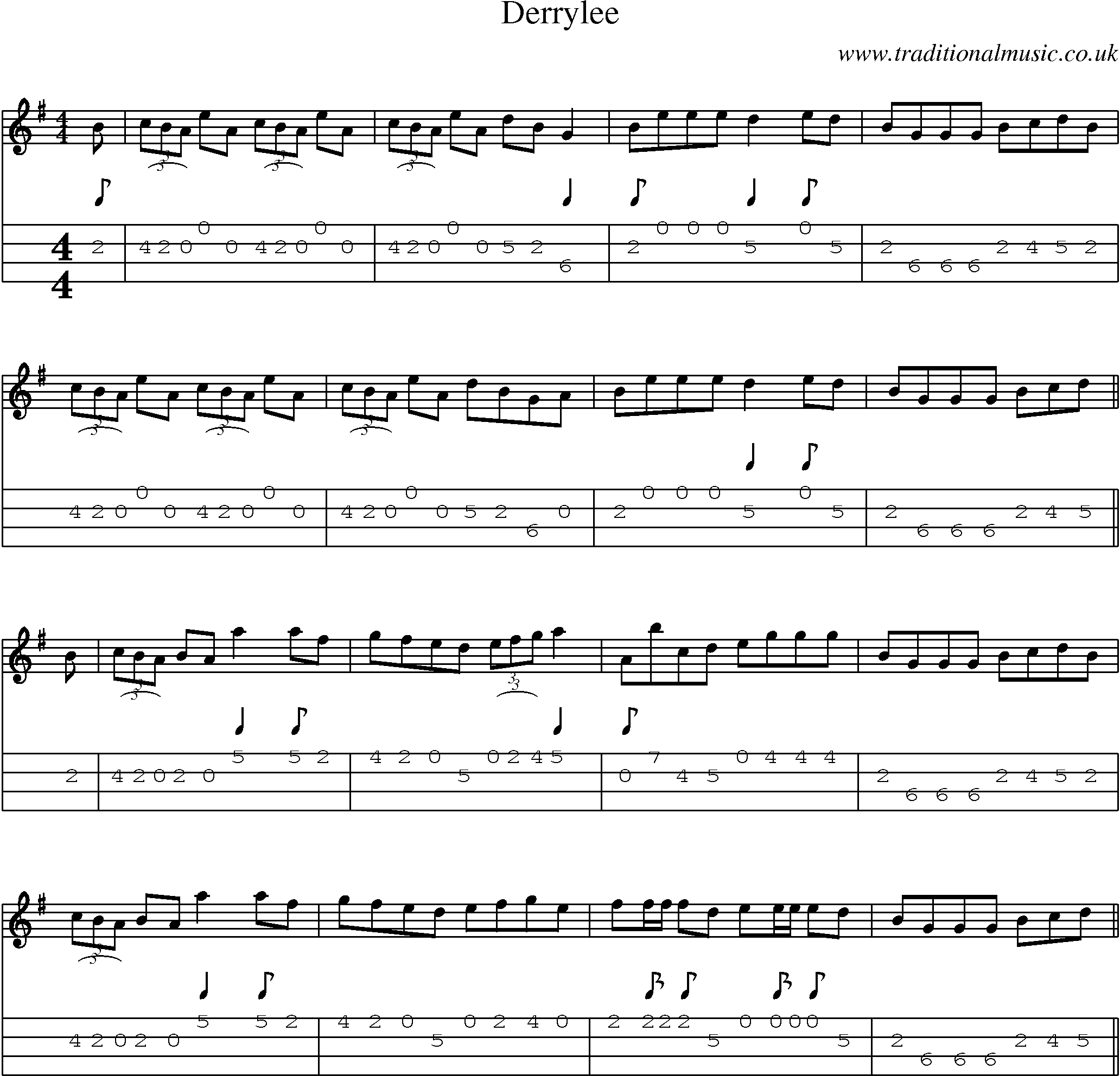 Music Score and Mandolin Tabs for Derrylee