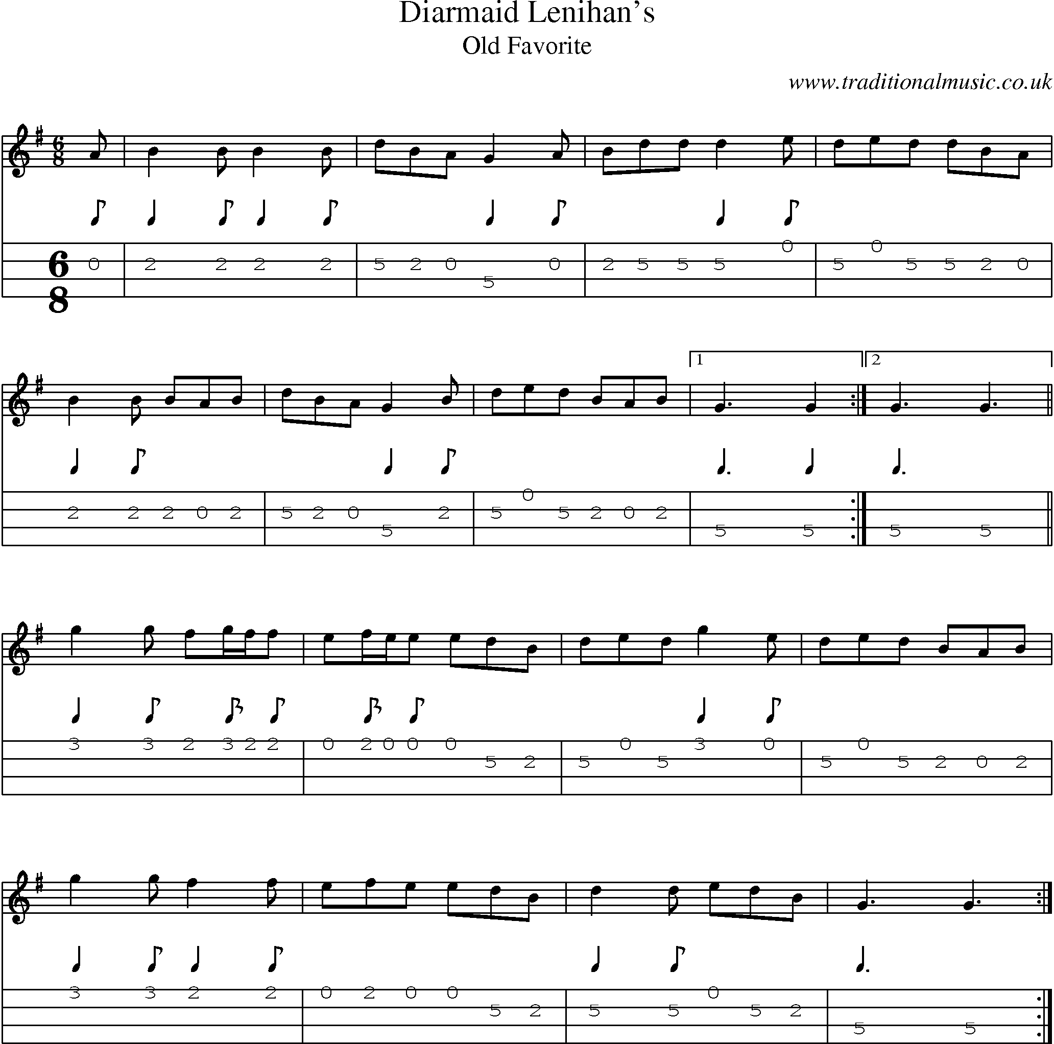 Music Score and Mandolin Tabs for Diarmaid Lenihans
