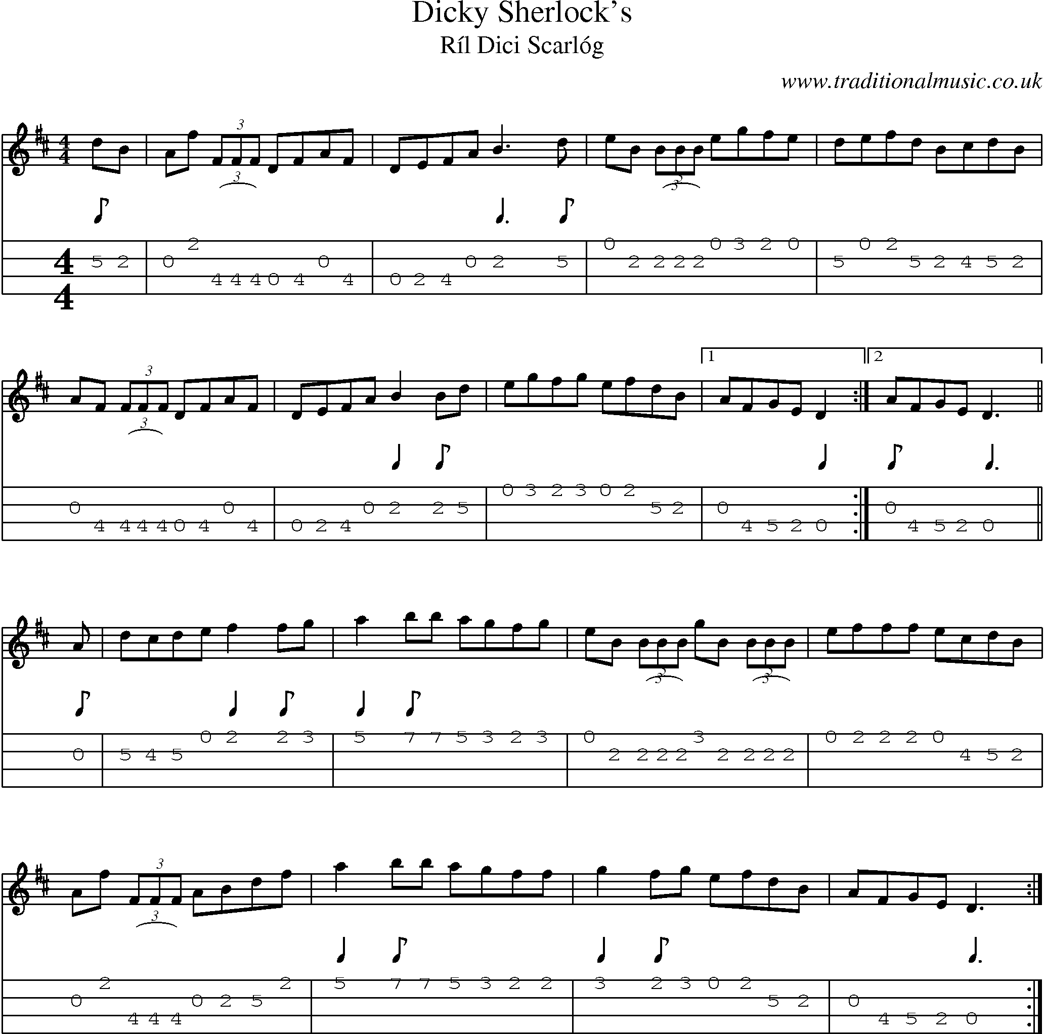 Music Score and Mandolin Tabs for Dicky Sherlocks
