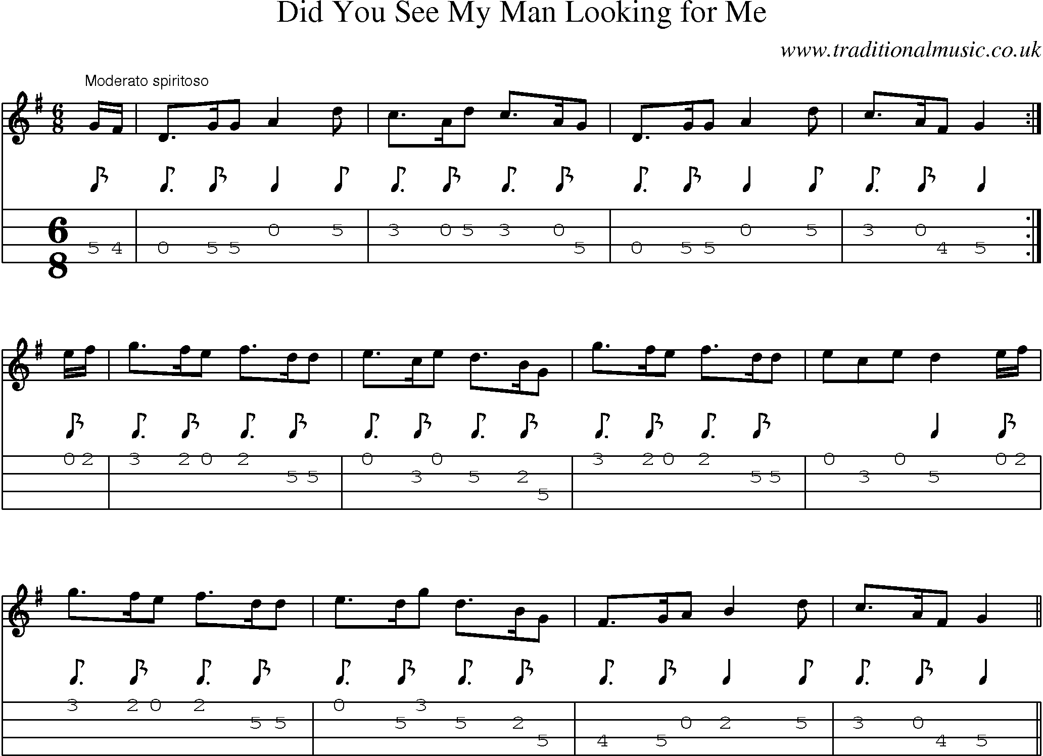 Music Score and Mandolin Tabs for Did You See My Man Looking For Me
