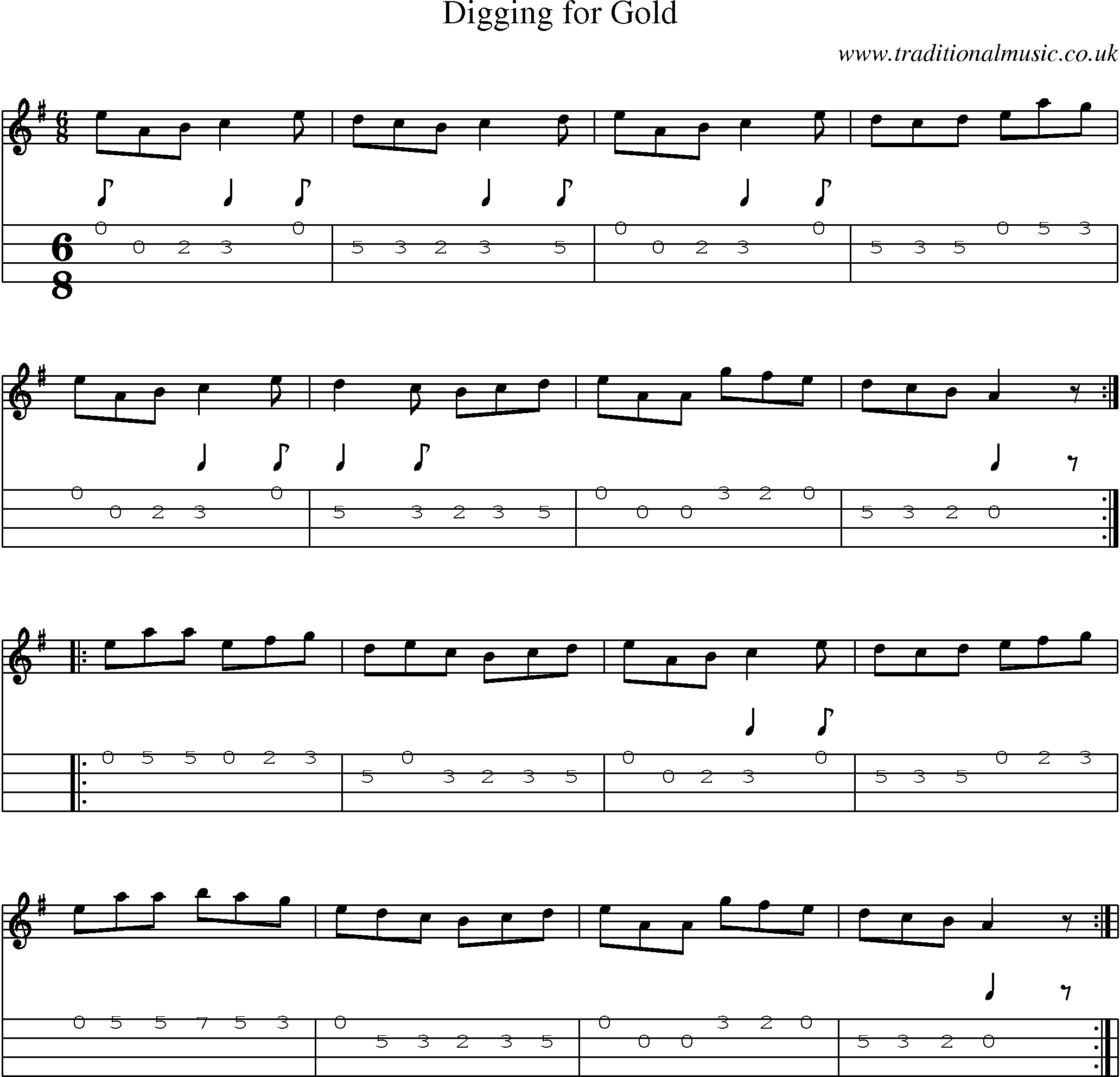Music Score and Mandolin Tabs for Digging For Gold