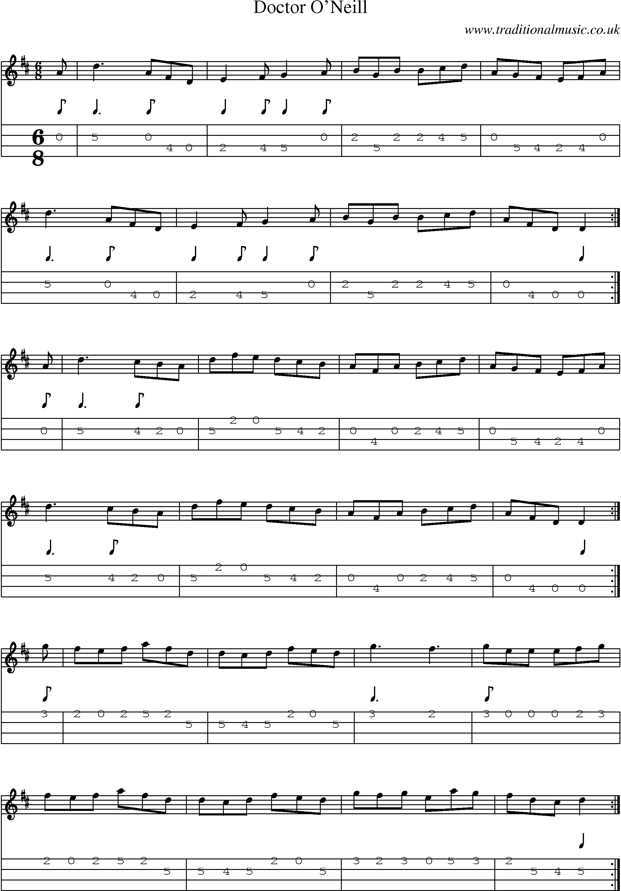 Music Score and Mandolin Tabs for Doctor Oneill