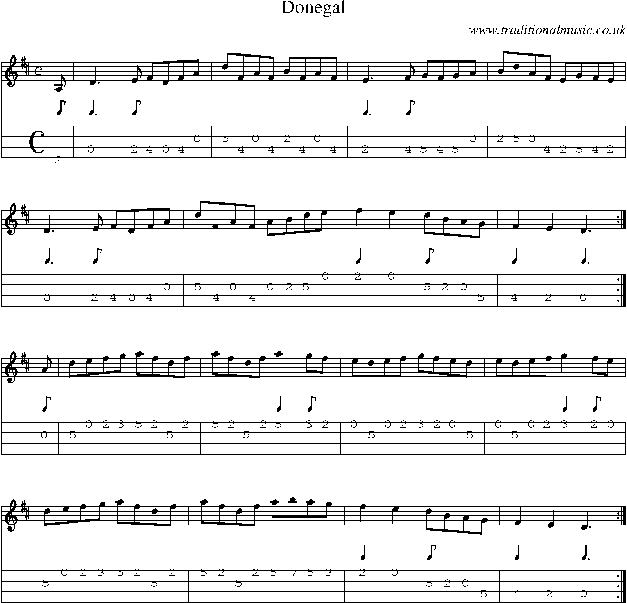 Music Score and Mandolin Tabs for Donegal