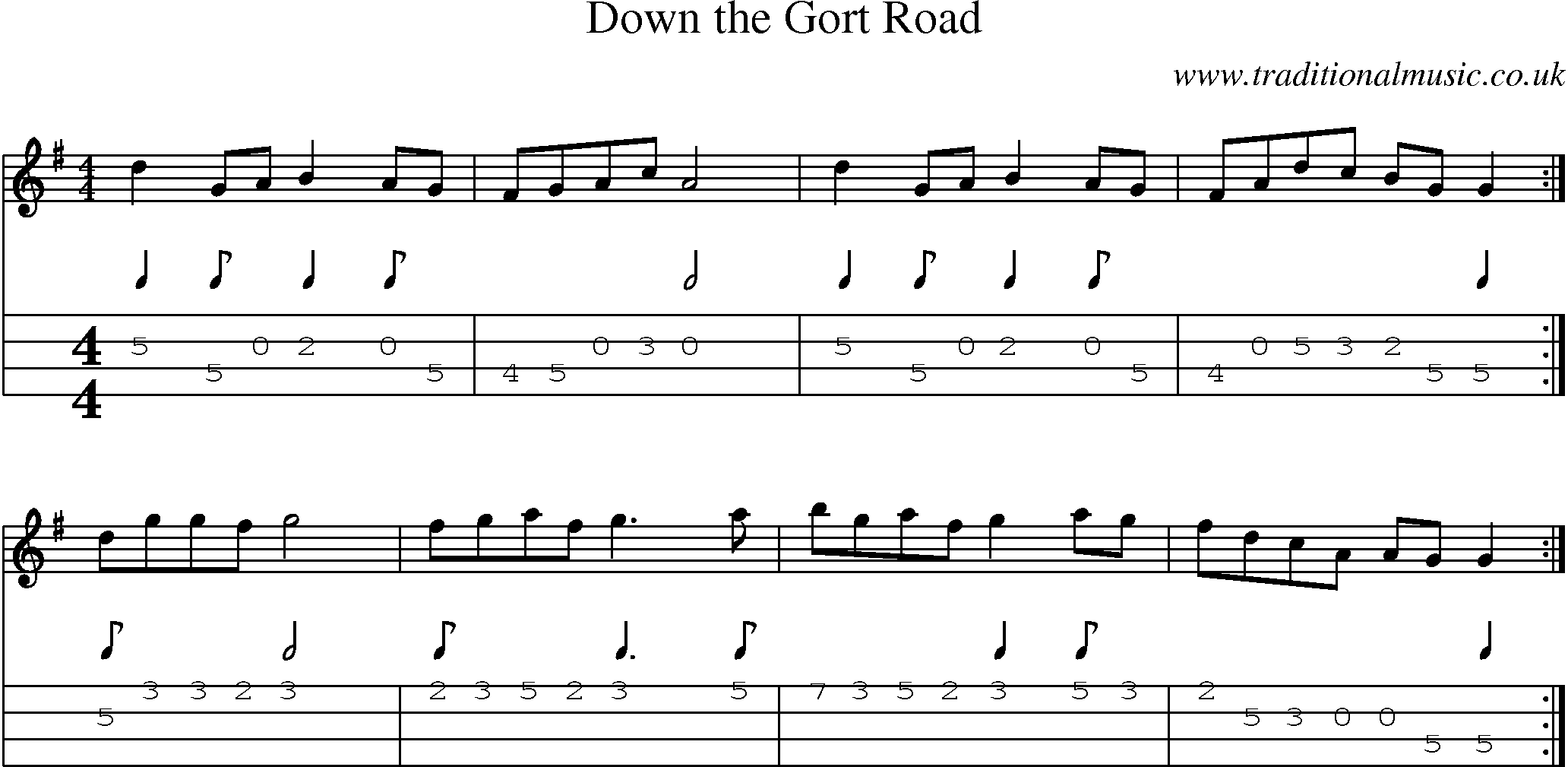 Music Score and Mandolin Tabs for Down Gort Road