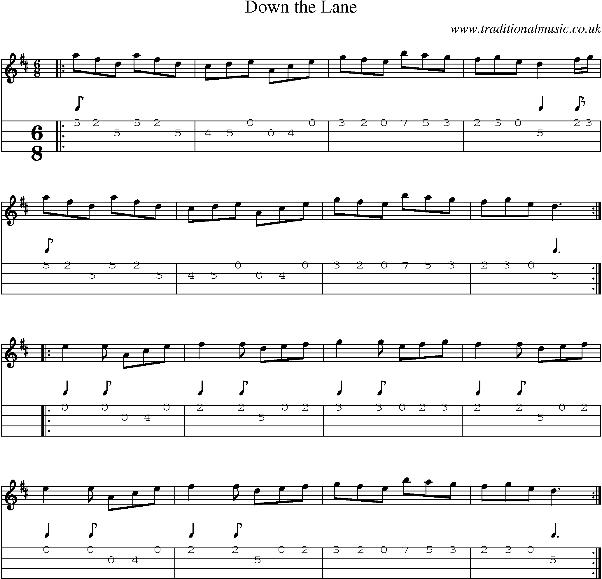 Music Score and Mandolin Tabs for Down Lane