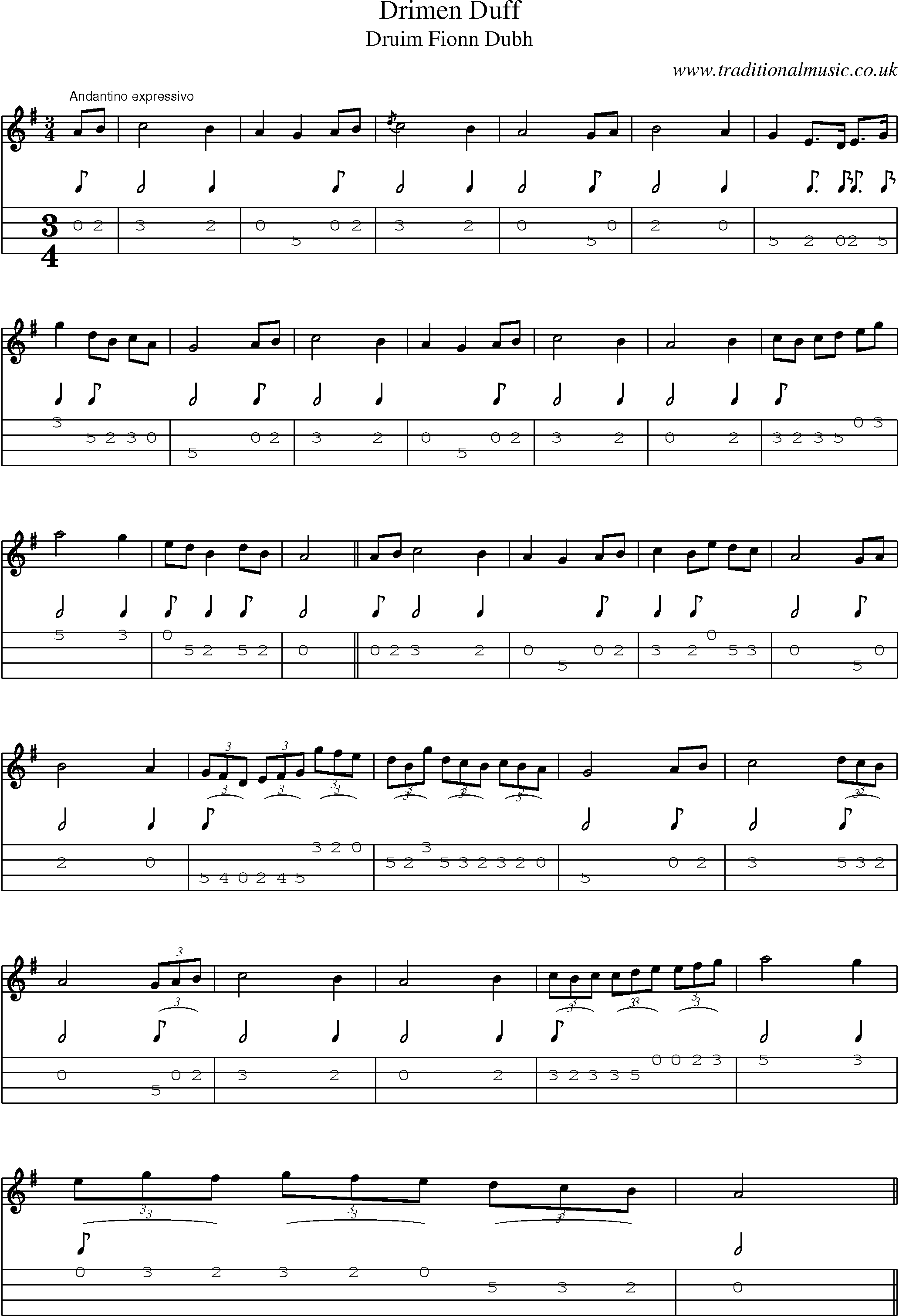 Music Score and Mandolin Tabs for Drimen Duff