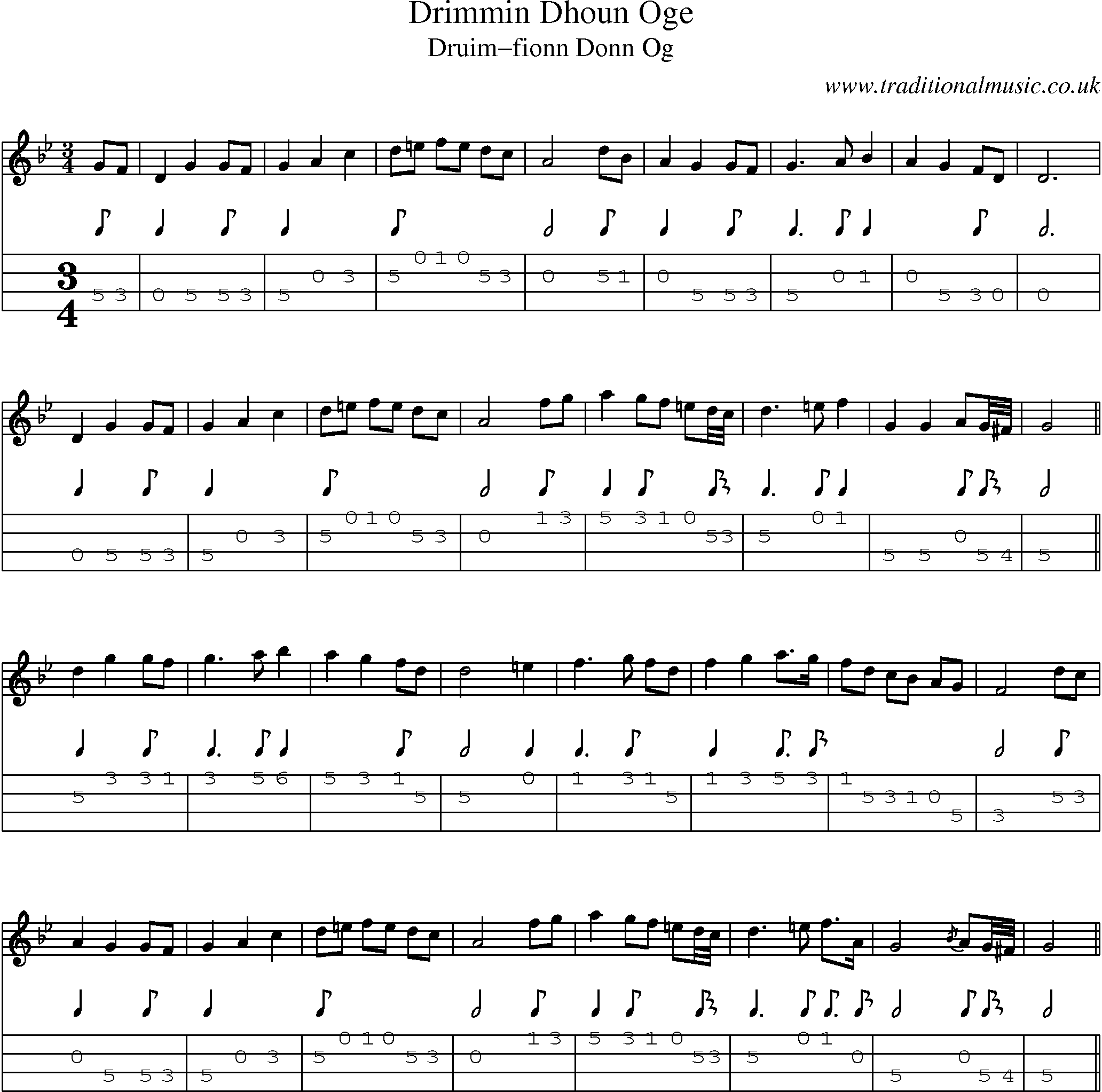 Music Score and Mandolin Tabs for Drimmin Dhoun Oge