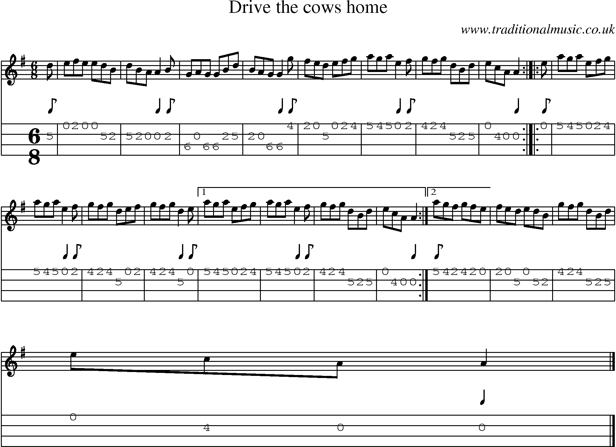 Music Score and Mandolin Tabs for Drive The Cows Home