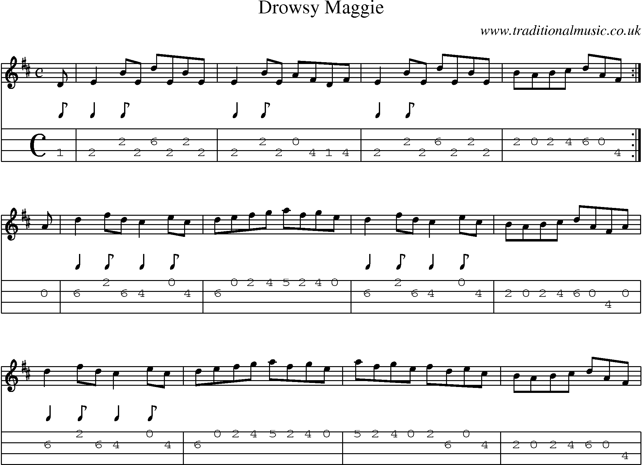 Music Score and Mandolin Tabs for Drowsy Maggie
