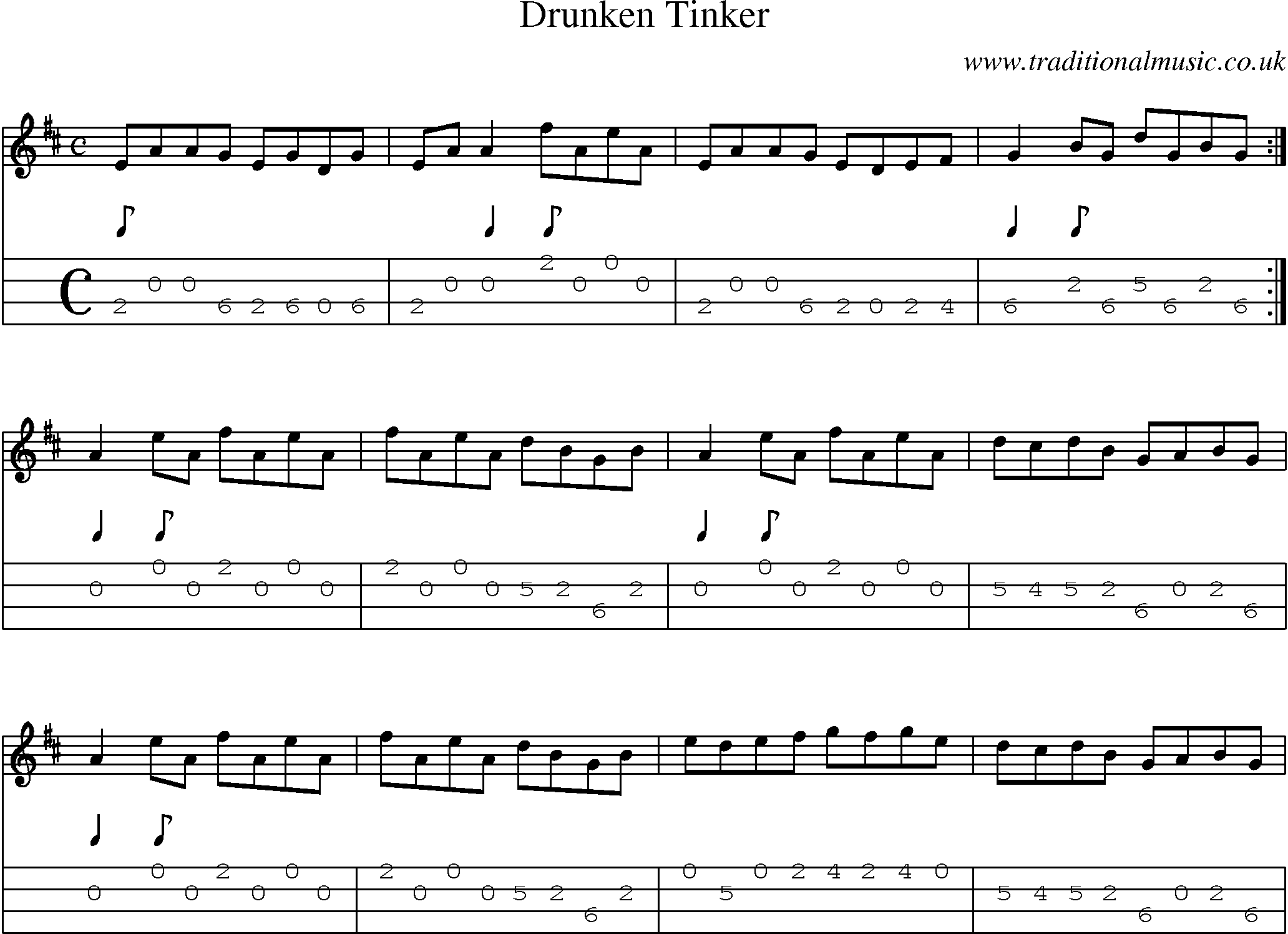 Music Score and Mandolin Tabs for Drunken Tinker