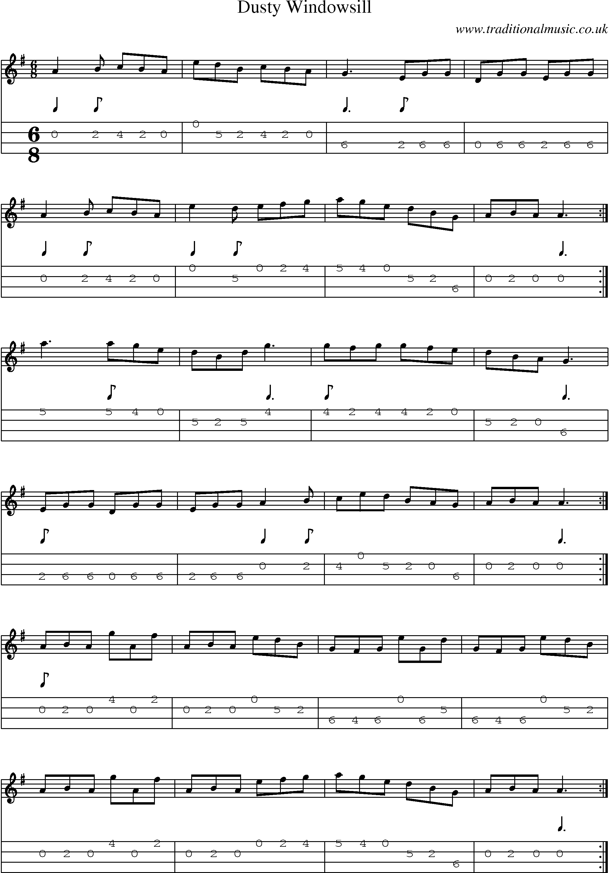 Music Score and Mandolin Tabs for Dusty Windowsill 1