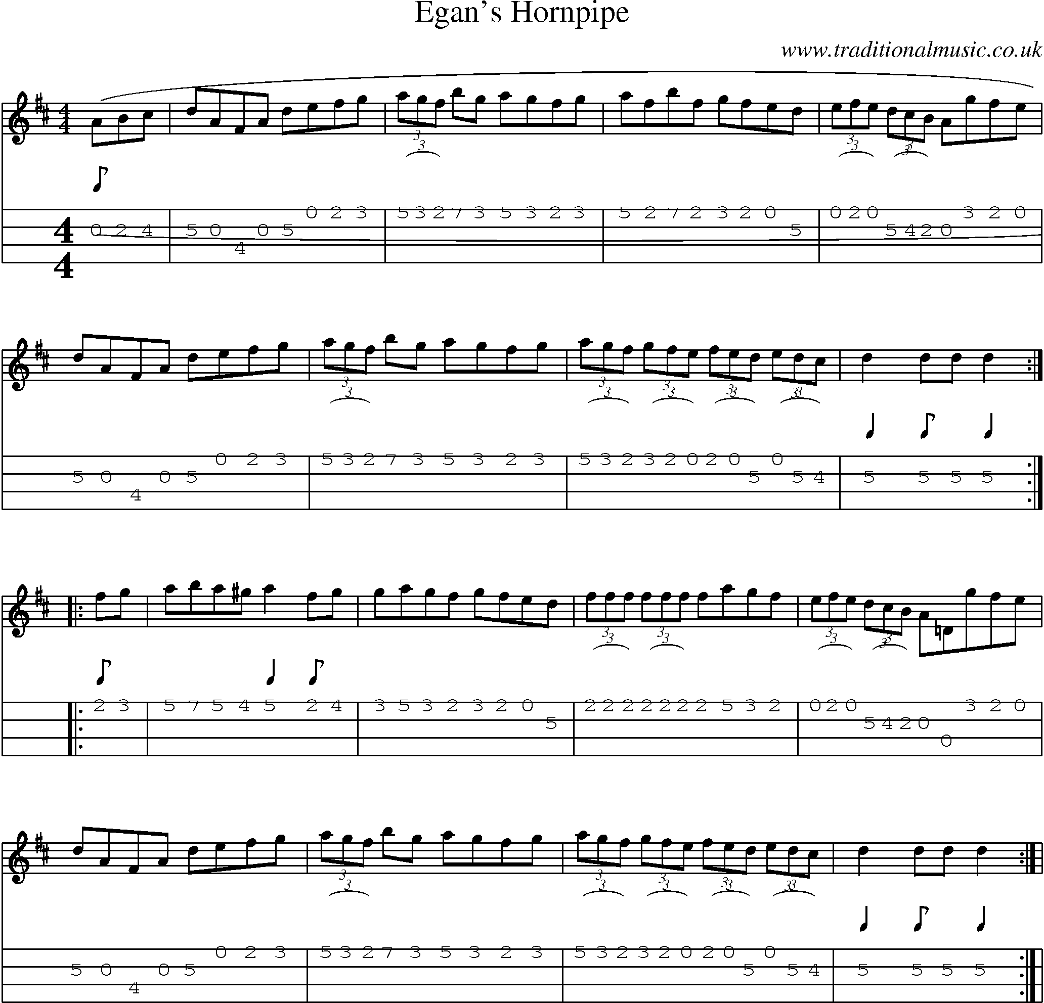 Music Score and Mandolin Tabs for Egans Hornpipe