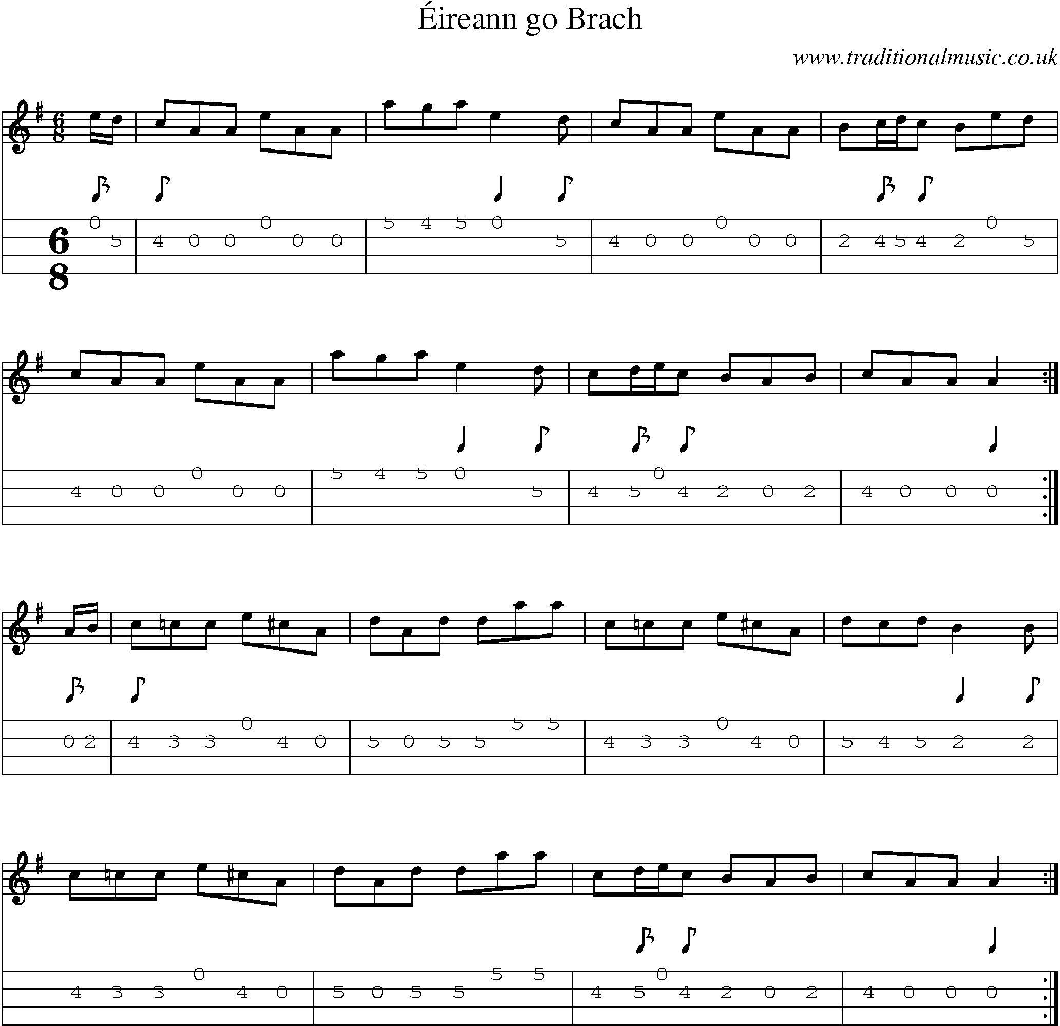 Music Score and Mandolin Tabs for Eireann Go Brach