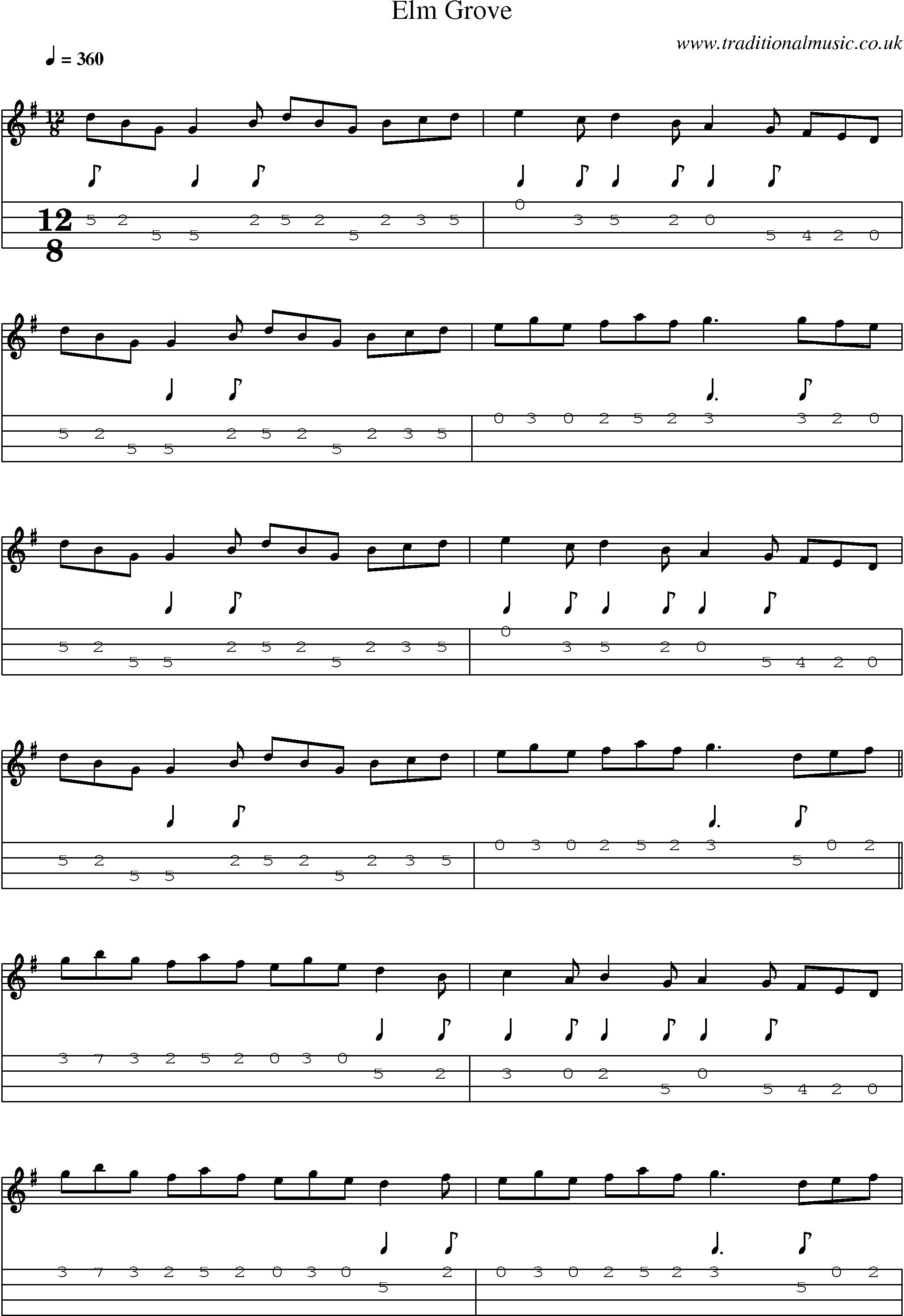 Music Score and Mandolin Tabs for Elm Grove