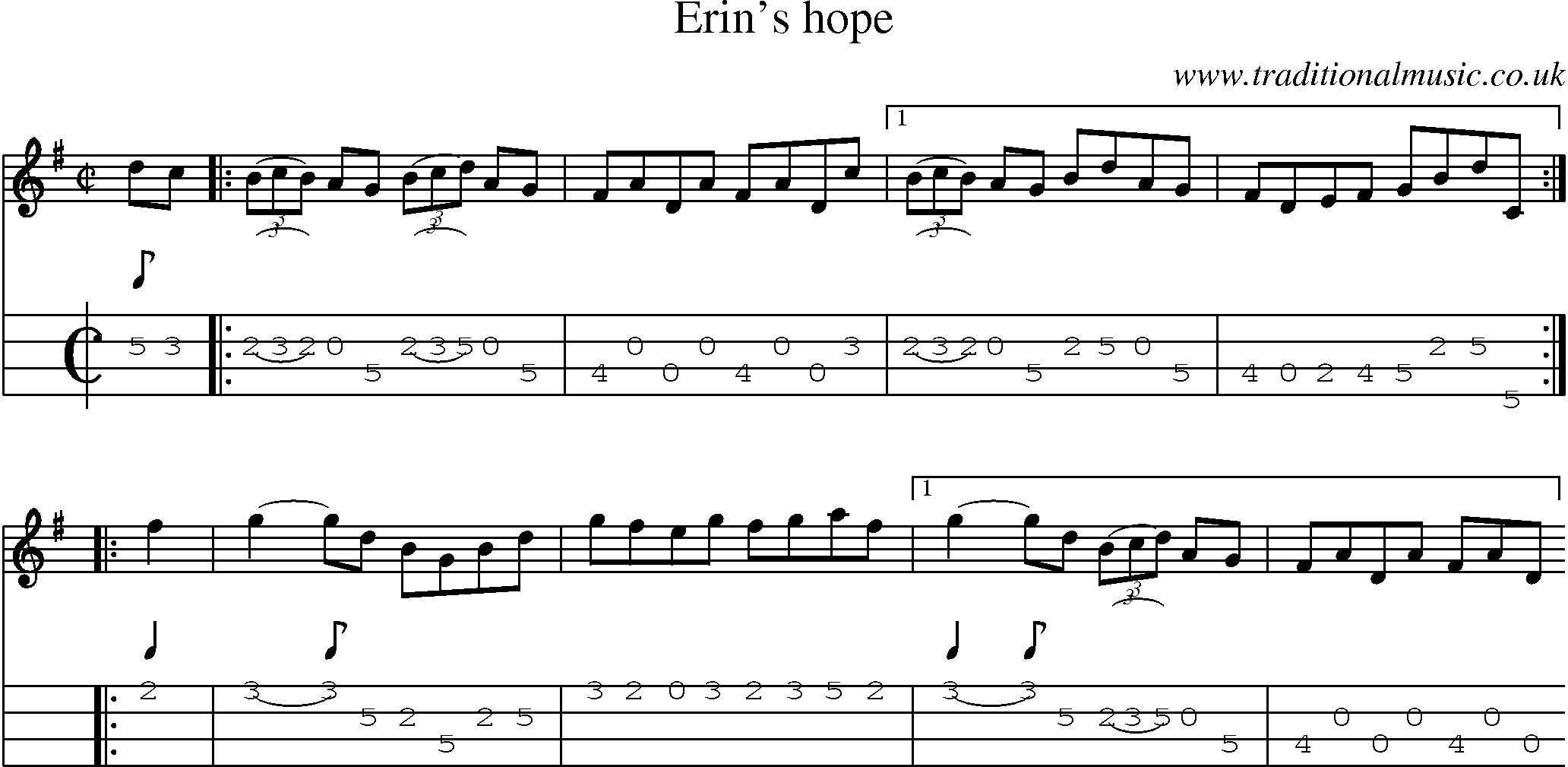 Music Score and Mandolin Tabs for Erins Hope