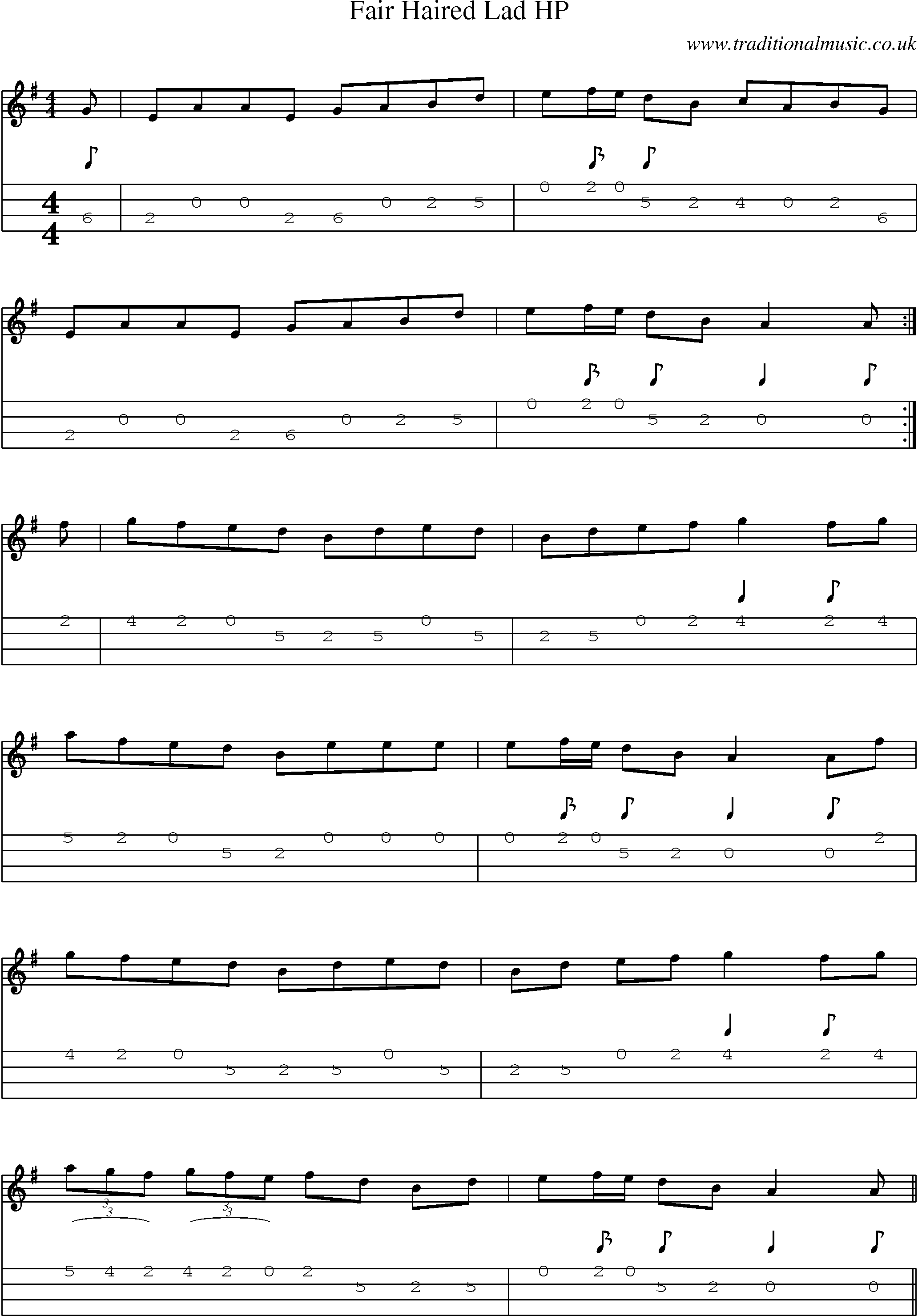 Music Score and Mandolin Tabs for Fair Haired Lad