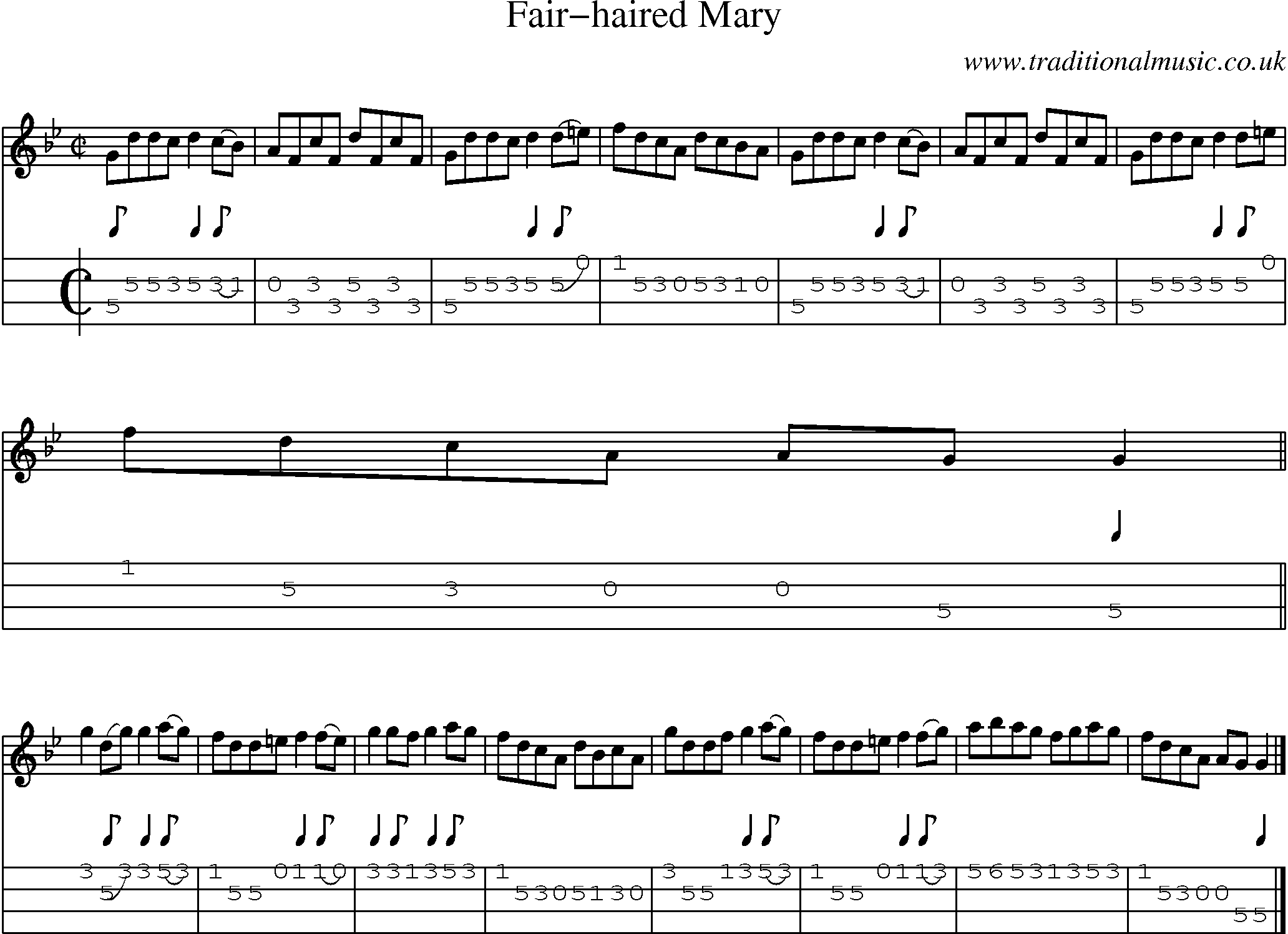 Music Score and Mandolin Tabs for Fair Haired Mary