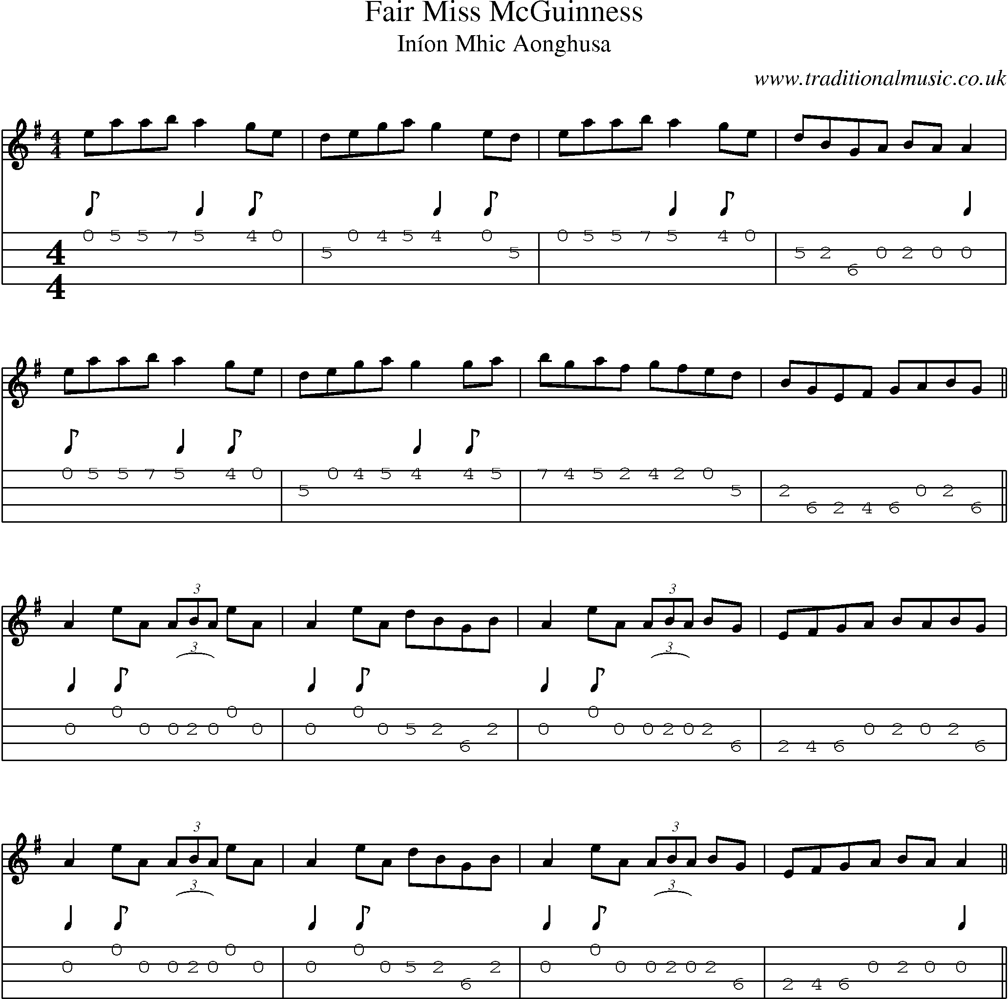Music Score and Mandolin Tabs for Fair Miss Mcguinness