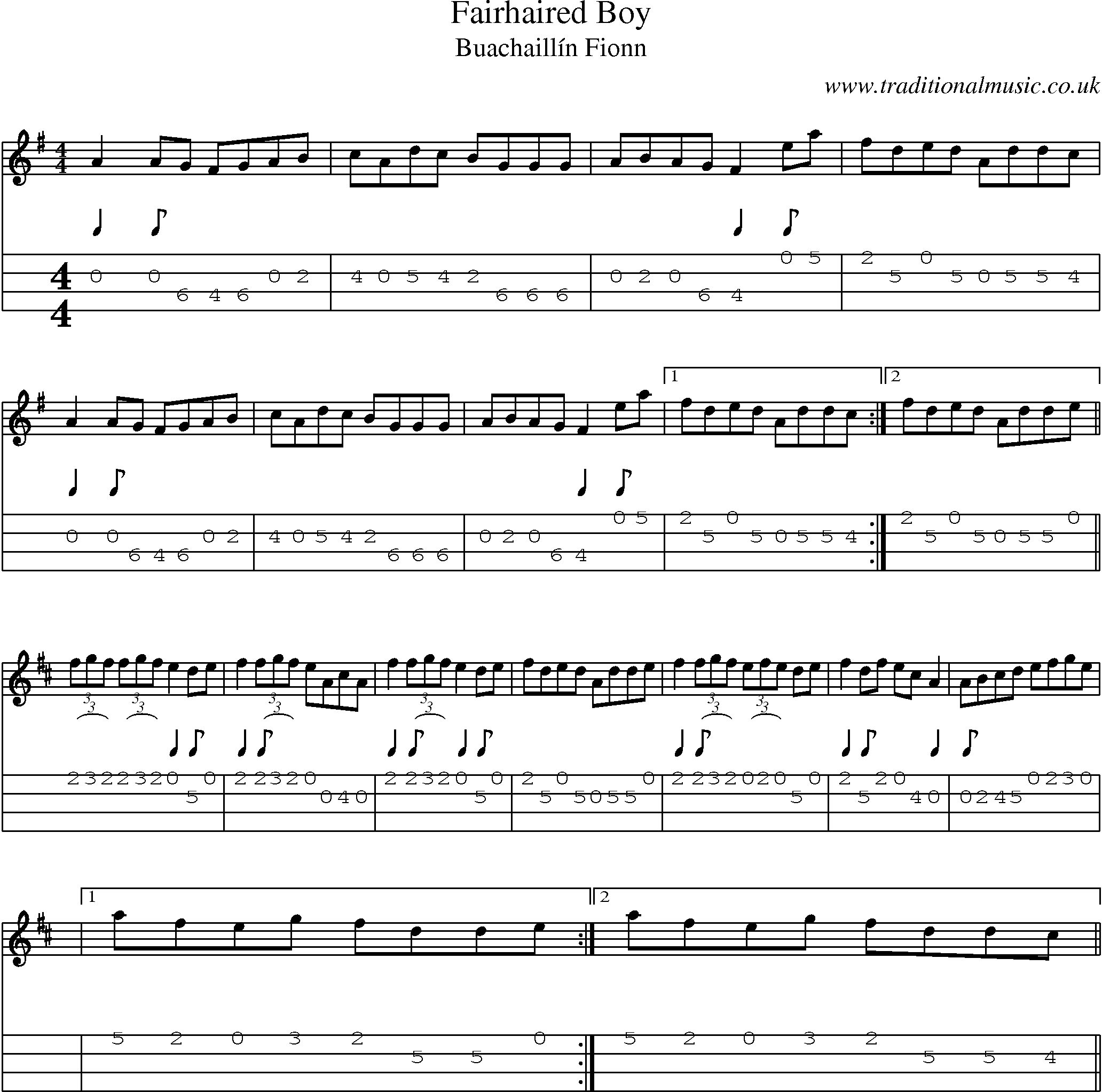Music Score and Mandolin Tabs for Fairhaired Boy