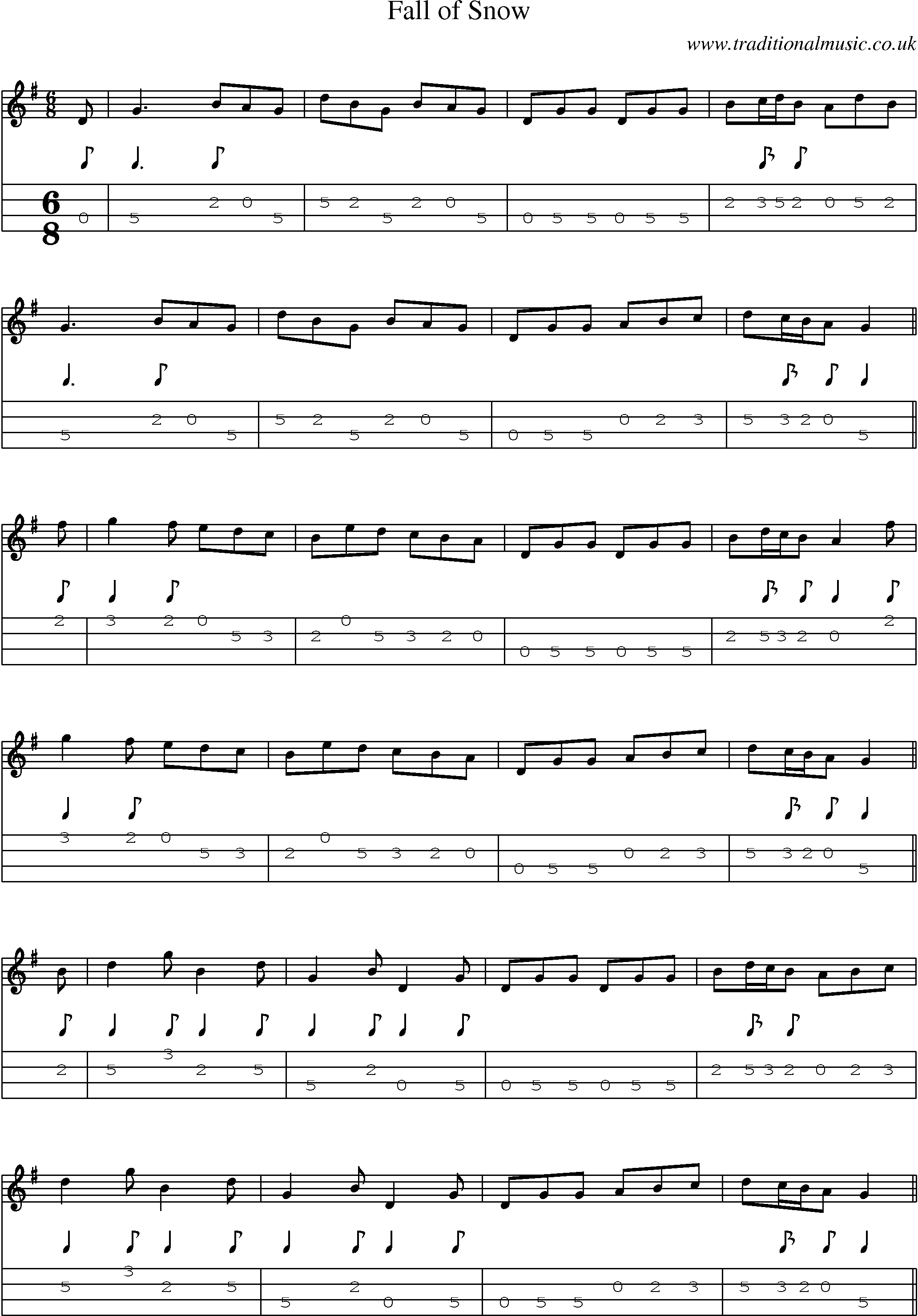 Music Score and Mandolin Tabs for Fall Of Snow