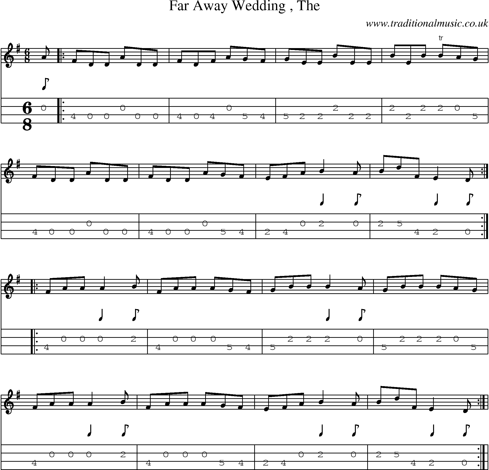 Music Score and Mandolin Tabs for Far Away Wedding