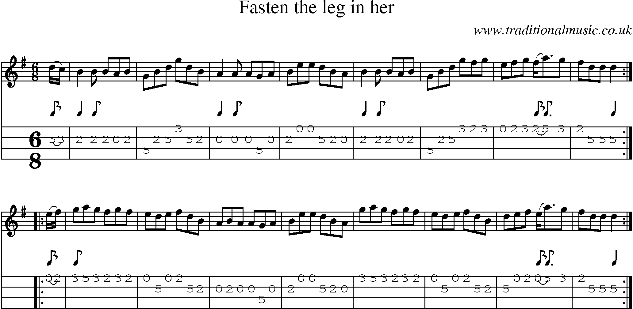 Music Score and Mandolin Tabs for Fasten The Leg In Her