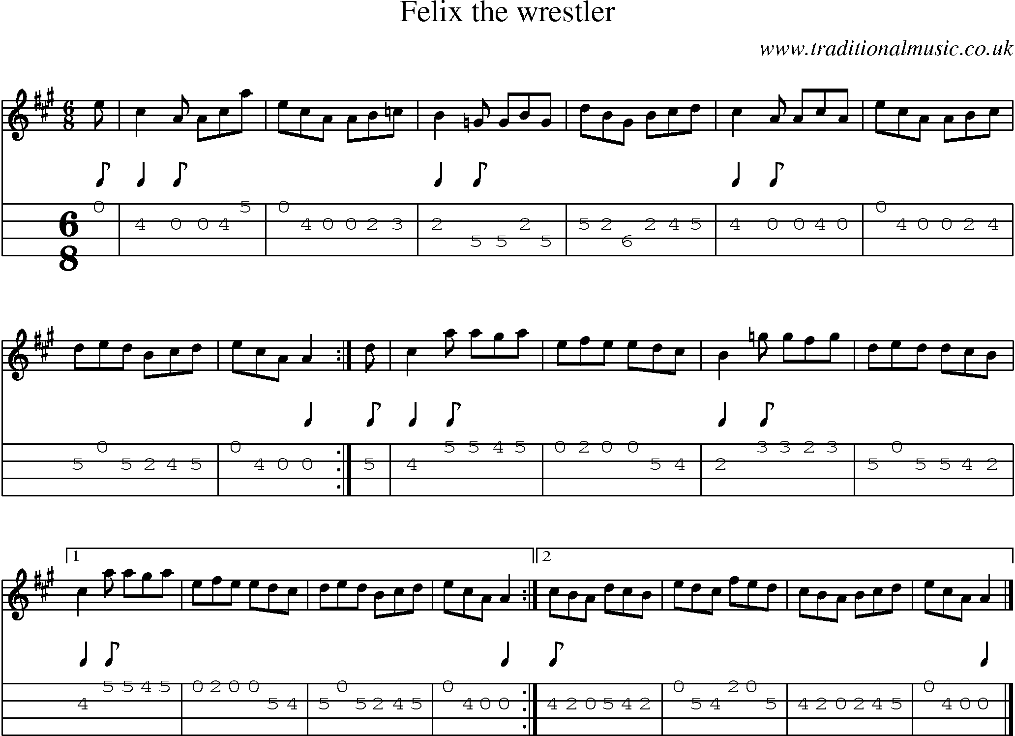 Music Score and Mandolin Tabs for Felix The Wrestler