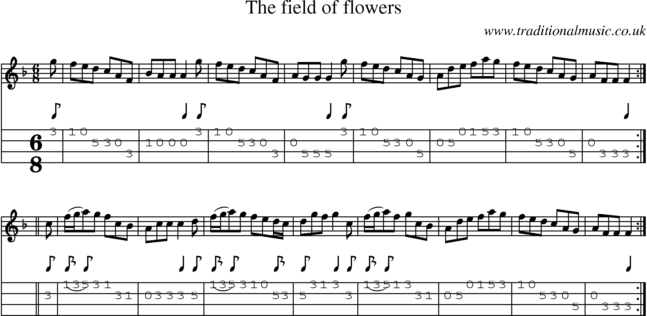 Music Score and Mandolin Tabs for Field Of Flowers
