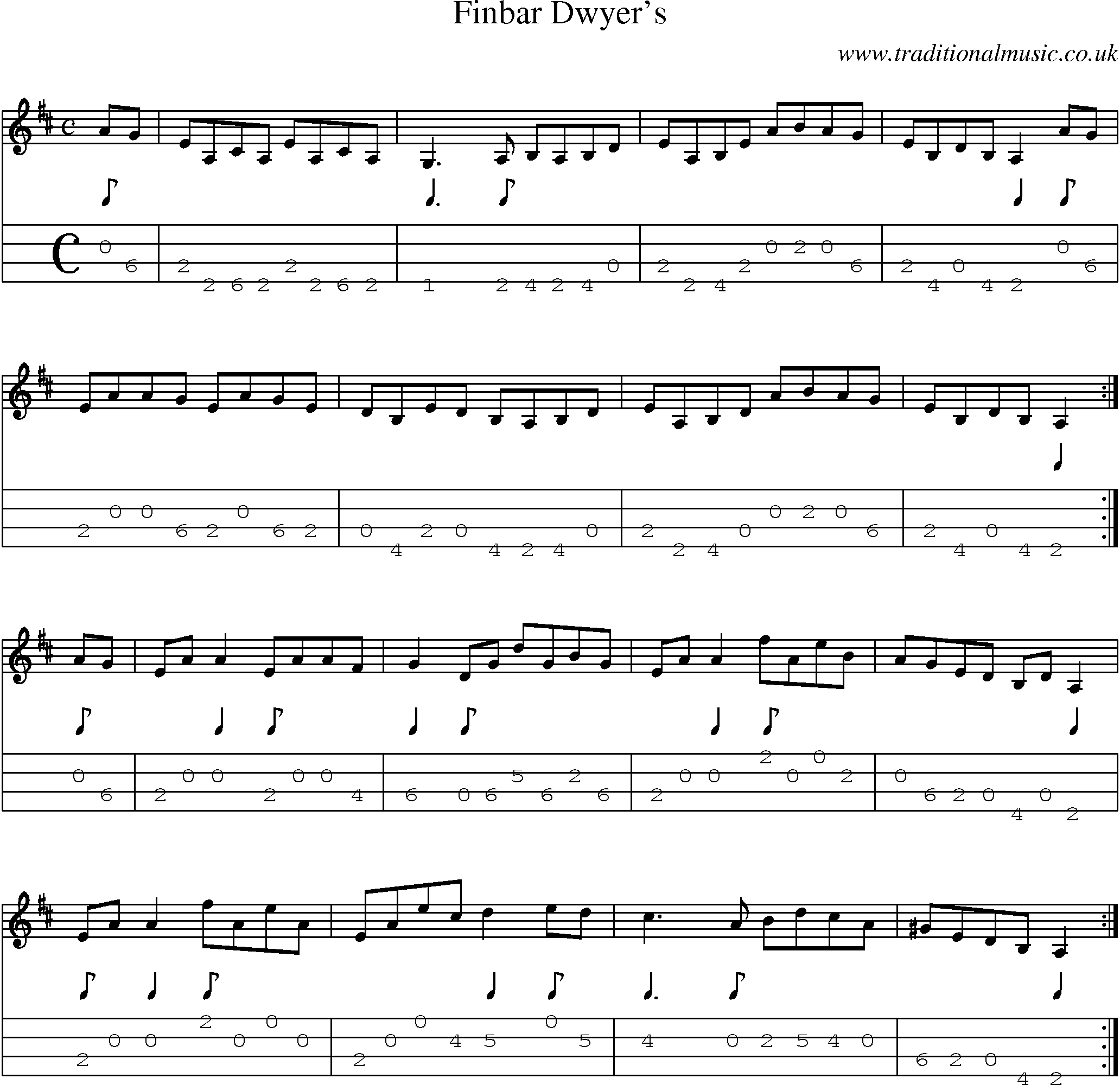 Music Score and Mandolin Tabs for Finbar Dwyers