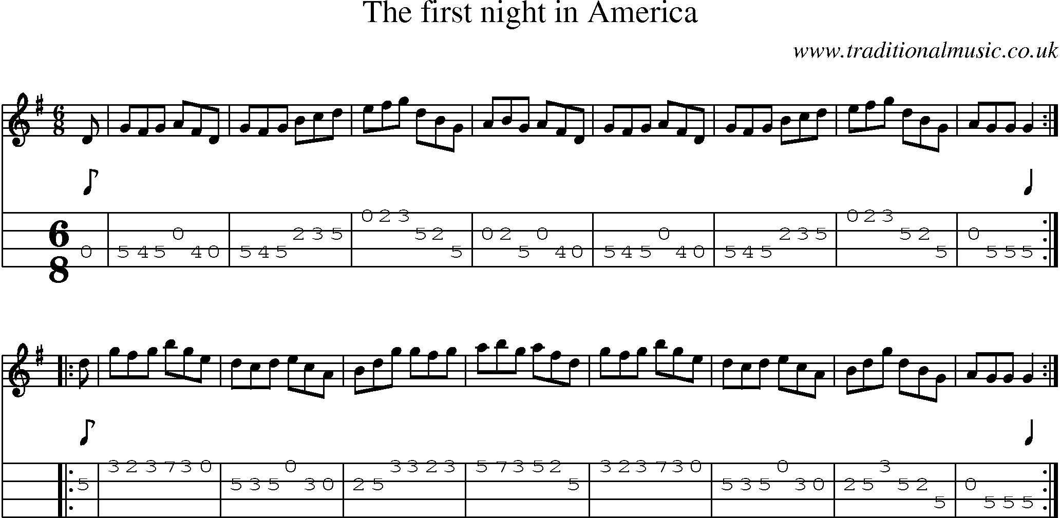 Music Score and Mandolin Tabs for First Night In America