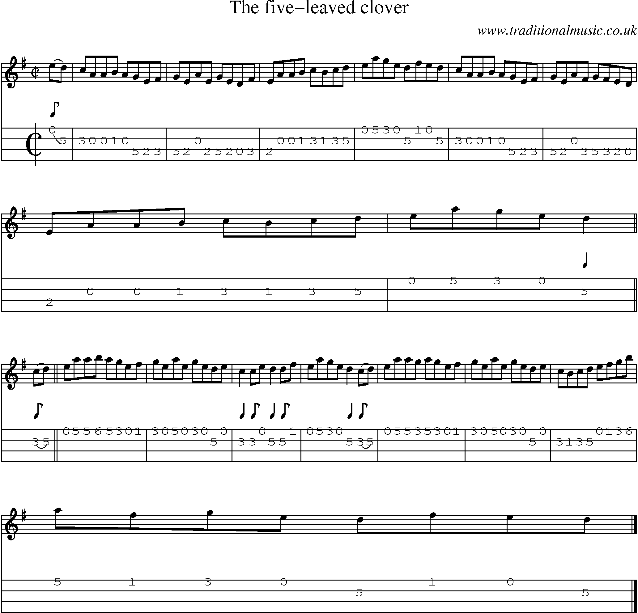 Music Score and Mandolin Tabs for Five Leaved Clover