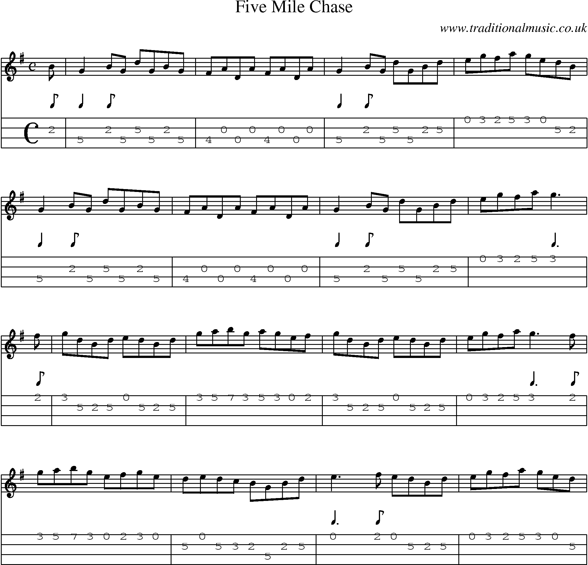 Music Score and Mandolin Tabs for Five Mile Chase