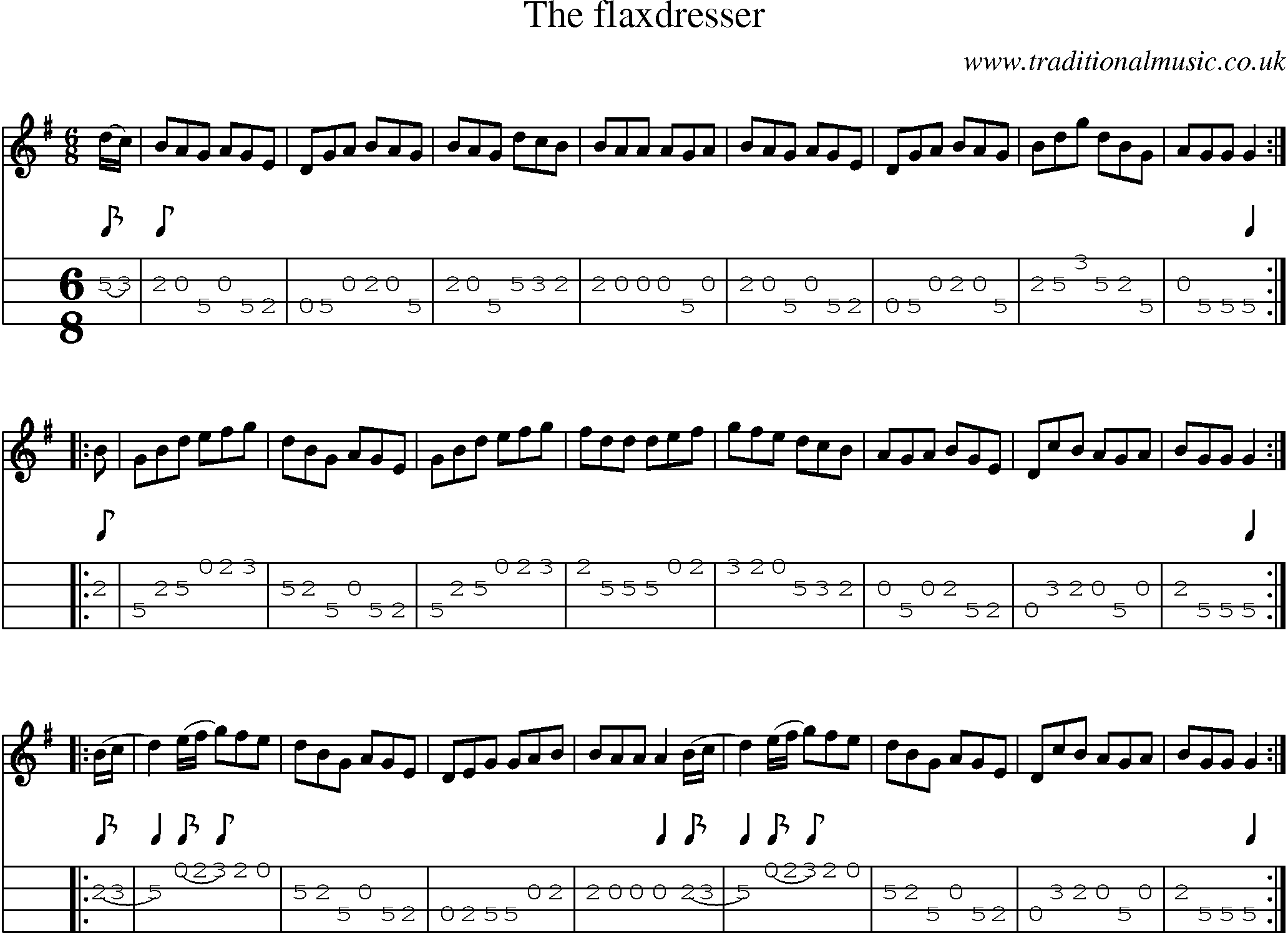 Music Score and Mandolin Tabs for Flaxdresser