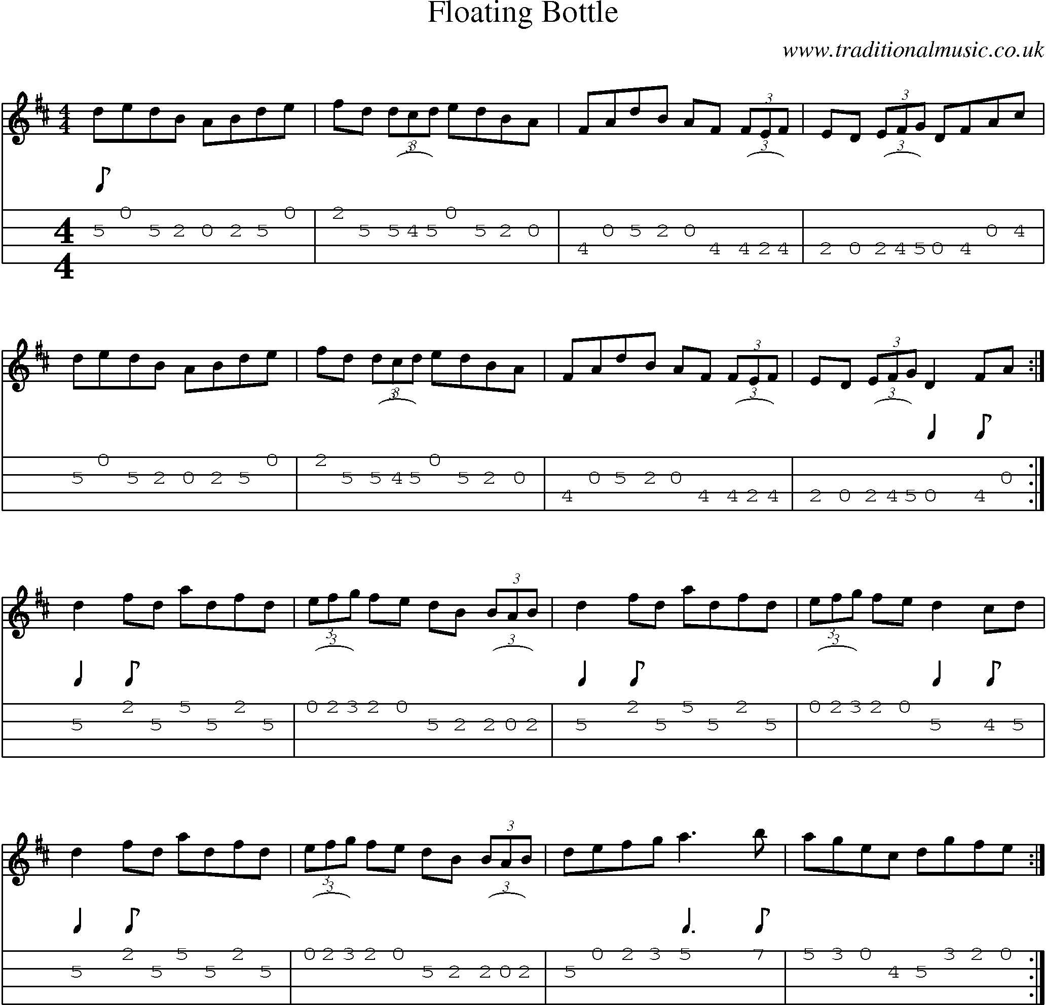Music Score and Mandolin Tabs for Floating Bottle