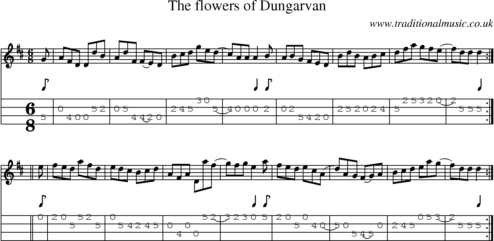 Music Score and Mandolin Tabs for Flowers Of Dungarvan