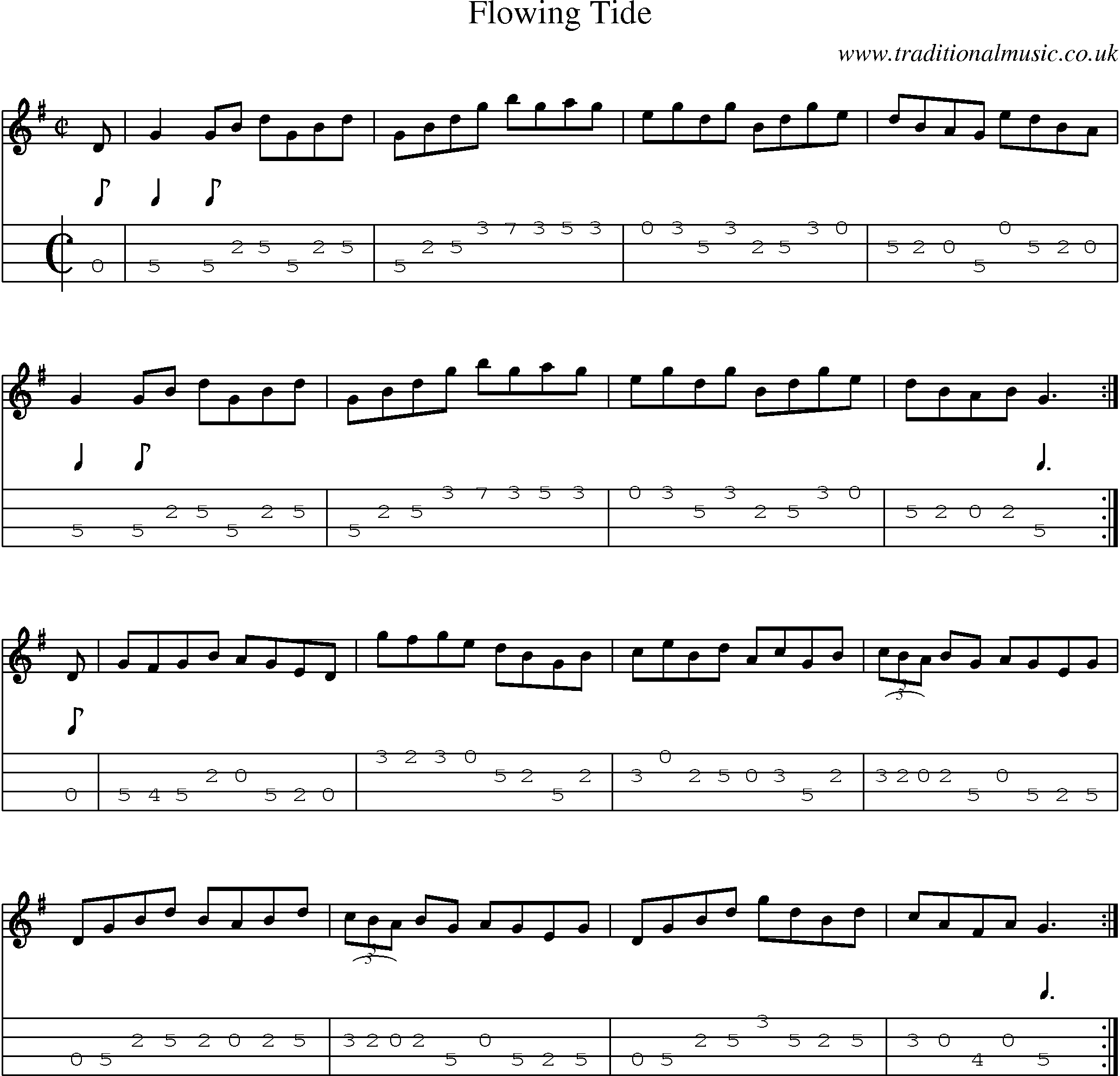 Music Score and Mandolin Tabs for Flowing Tide