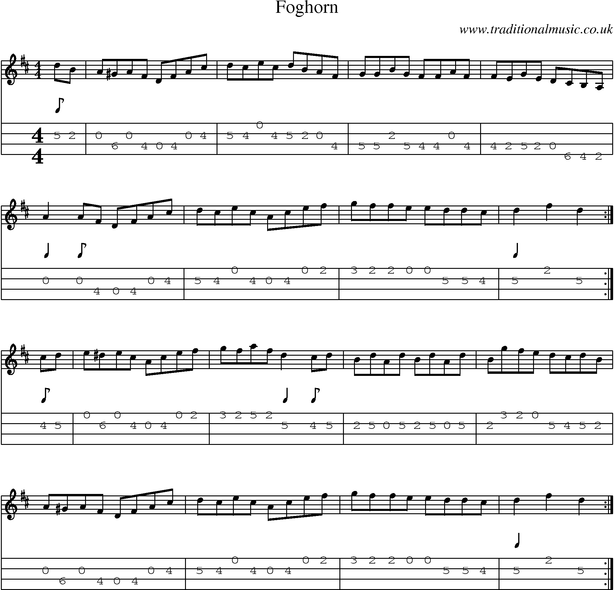 Music Score and Mandolin Tabs for Foghorn
