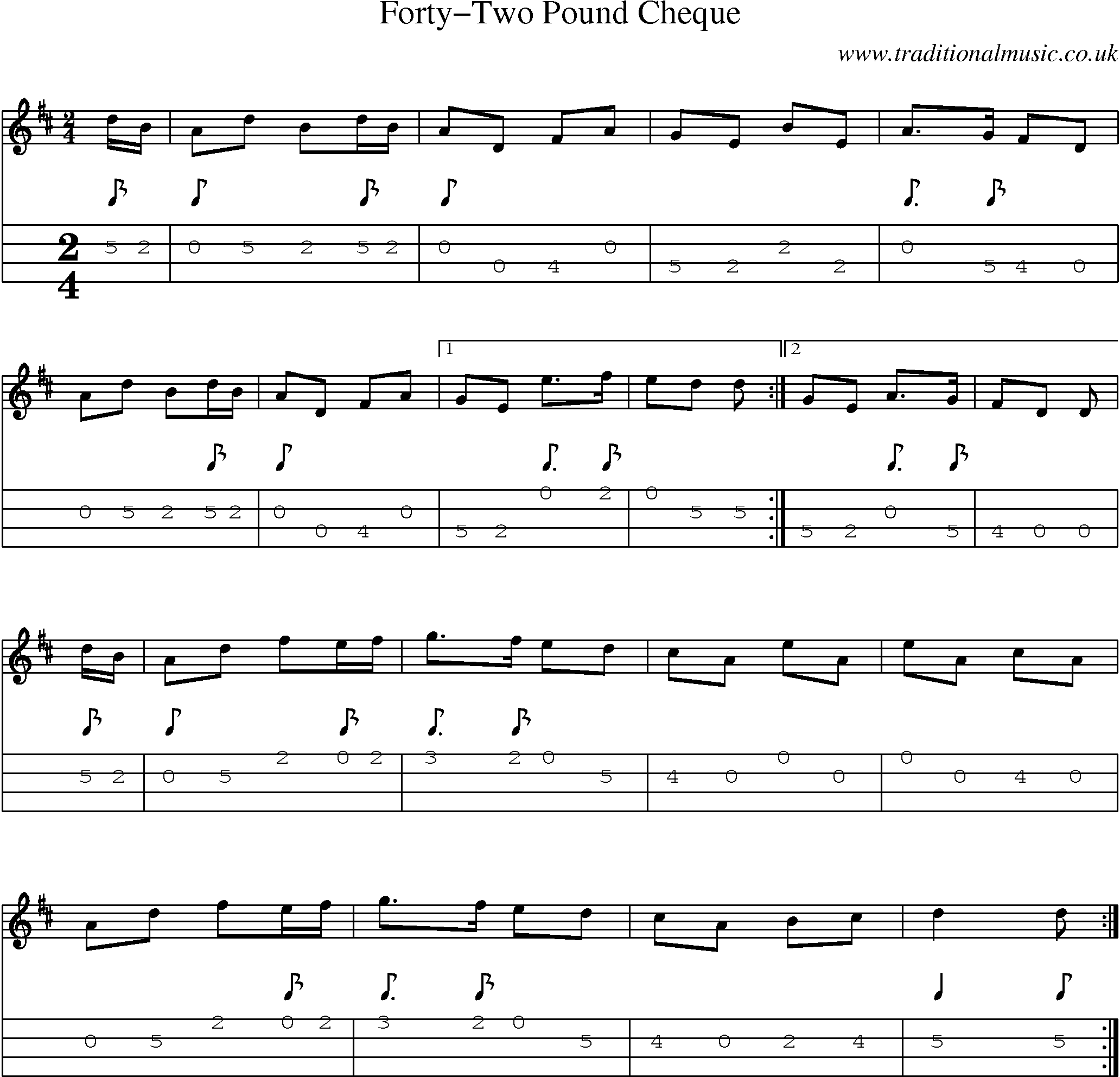 Music Score and Mandolin Tabs for Fortytwo Pound Cheque