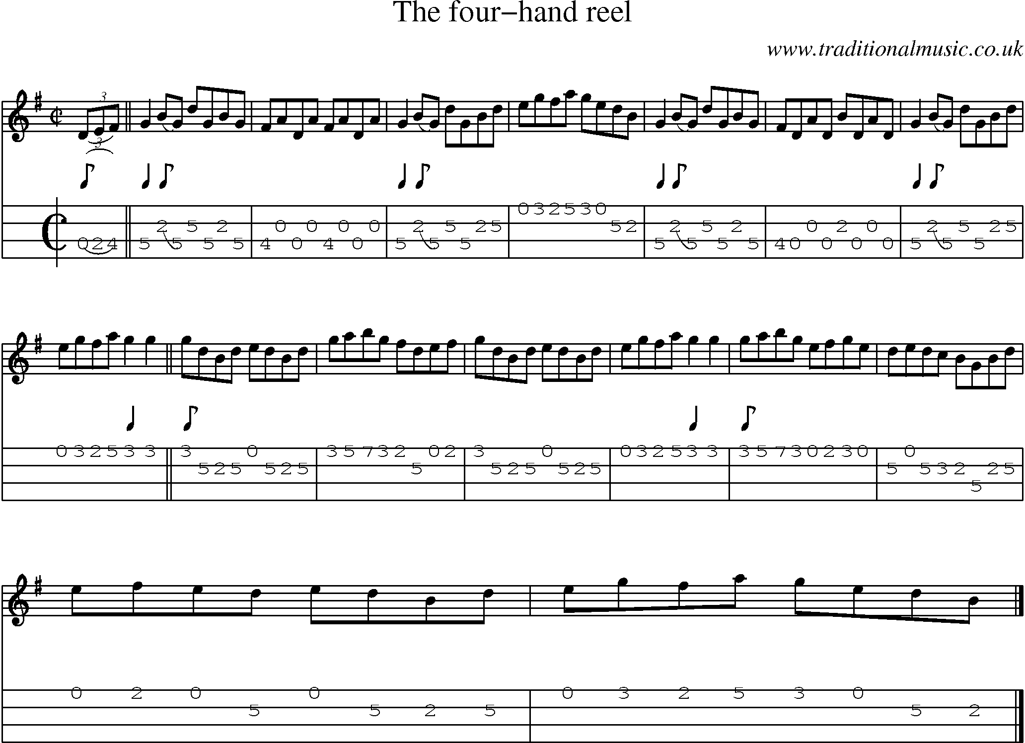 Music Score and Mandolin Tabs for Four Hand Reel