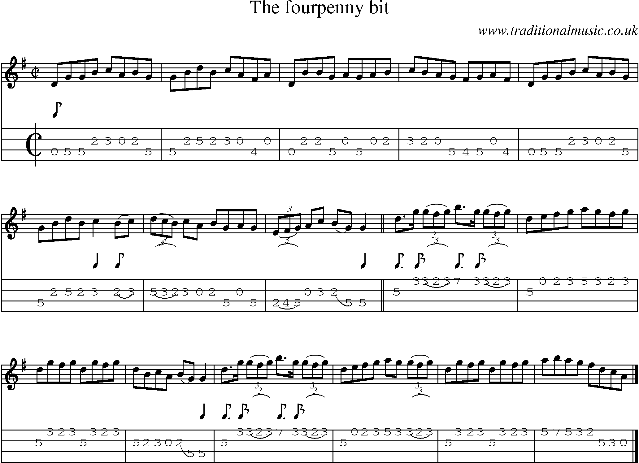 Music Score and Mandolin Tabs for Fourpenny Bit