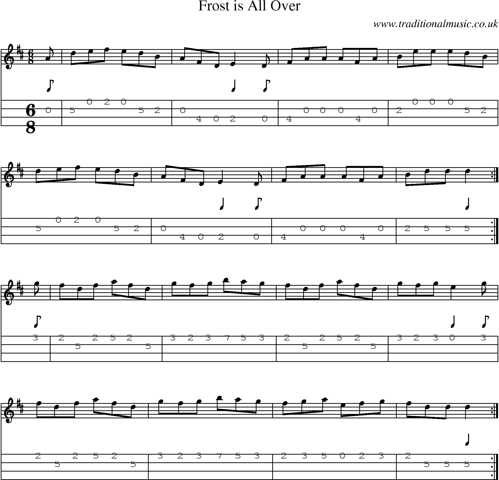 Music Score and Mandolin Tabs for Frost Is All Over
