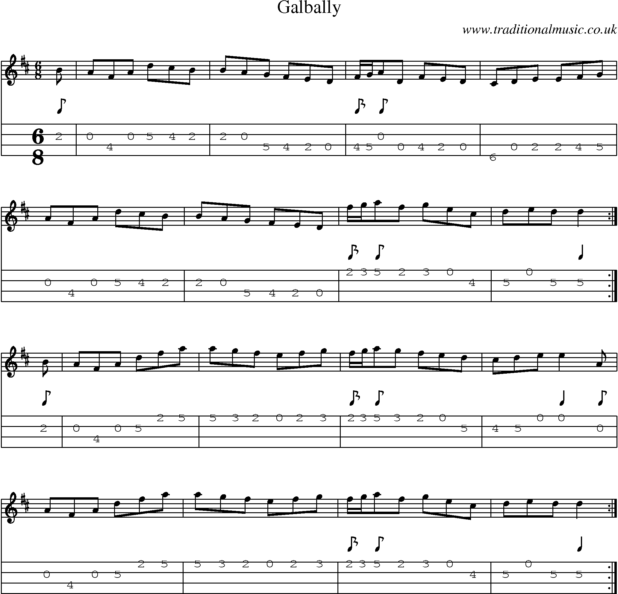 Music Score and Mandolin Tabs for Galbally