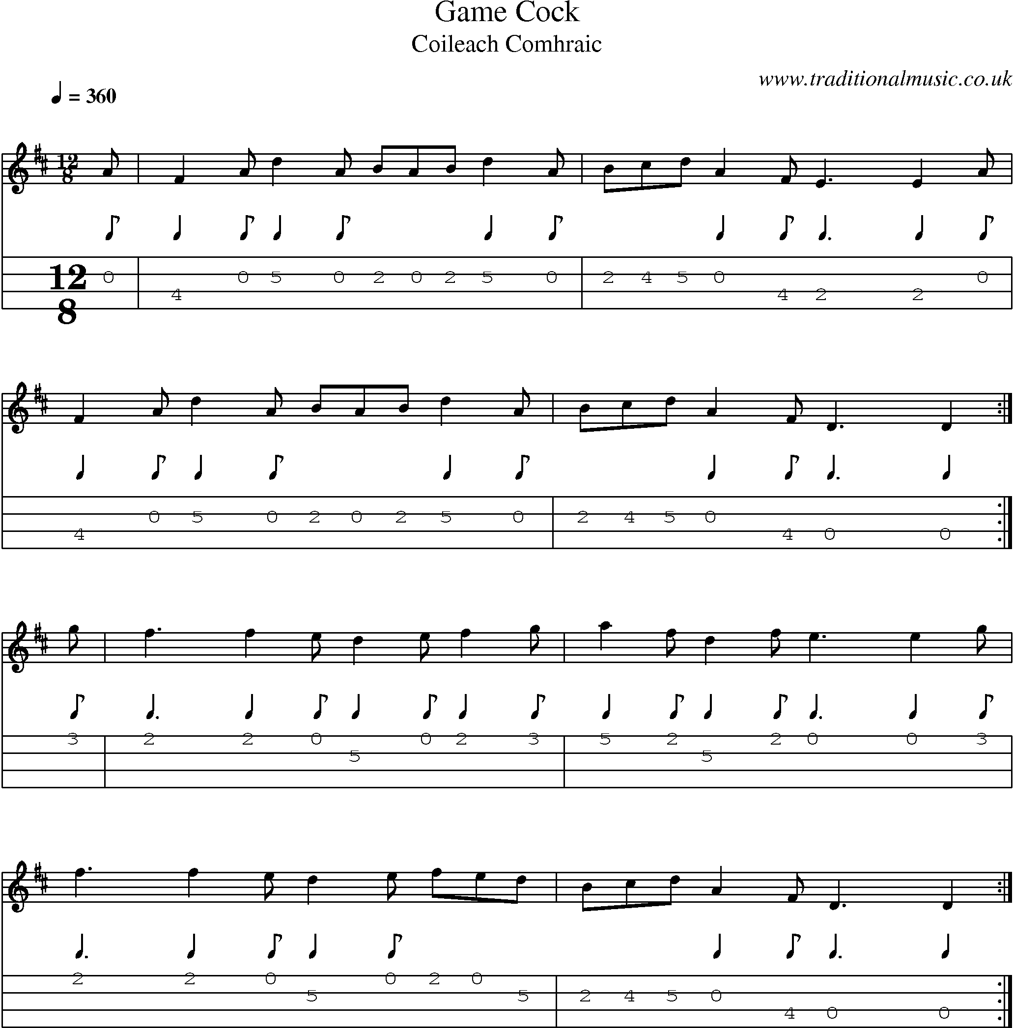 Music Score and Mandolin Tabs for Game Cock