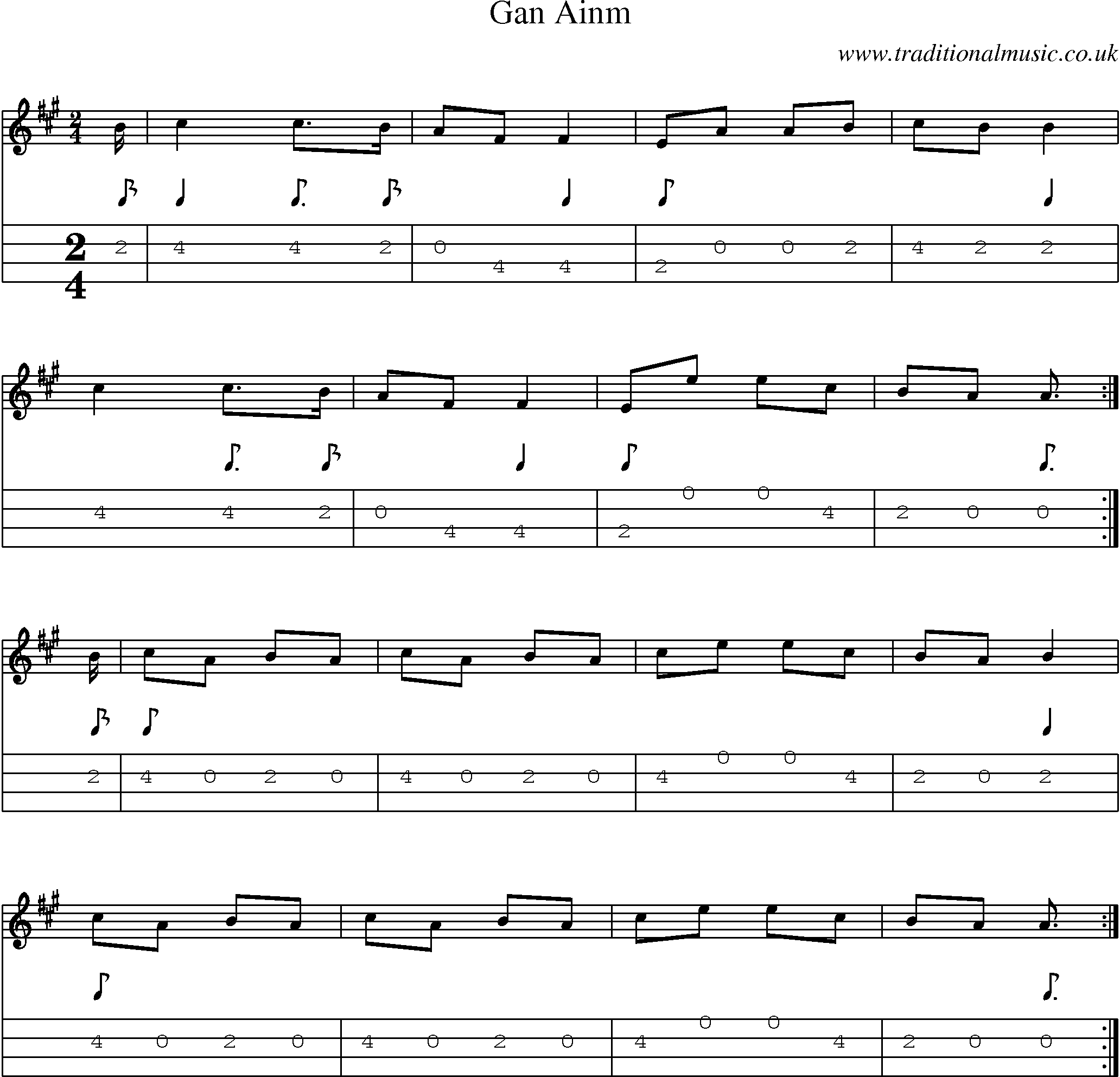 Music Score and Mandolin Tabs for Gan Ainm