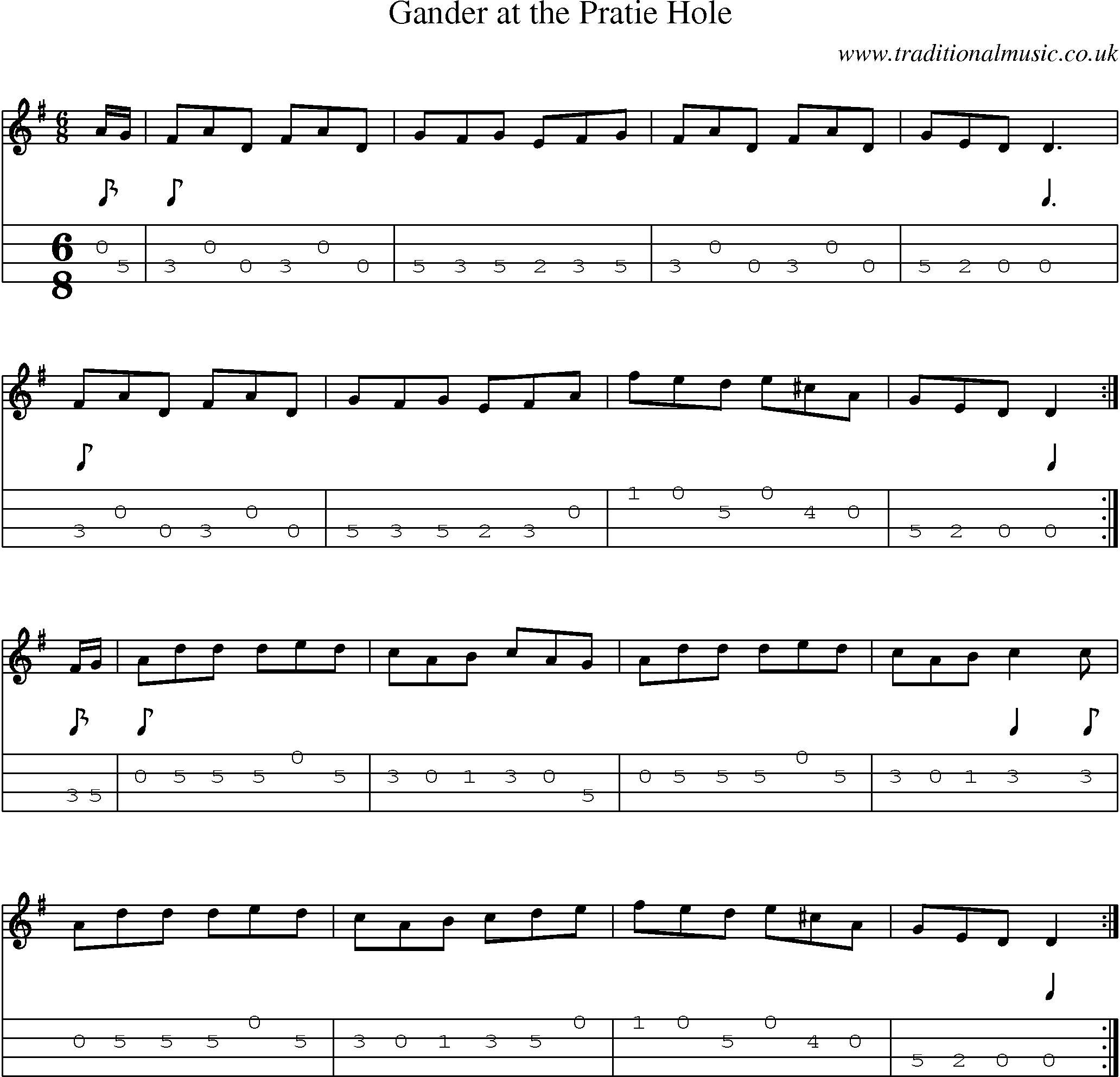 Music Score and Mandolin Tabs for Gander At Pratie Hole