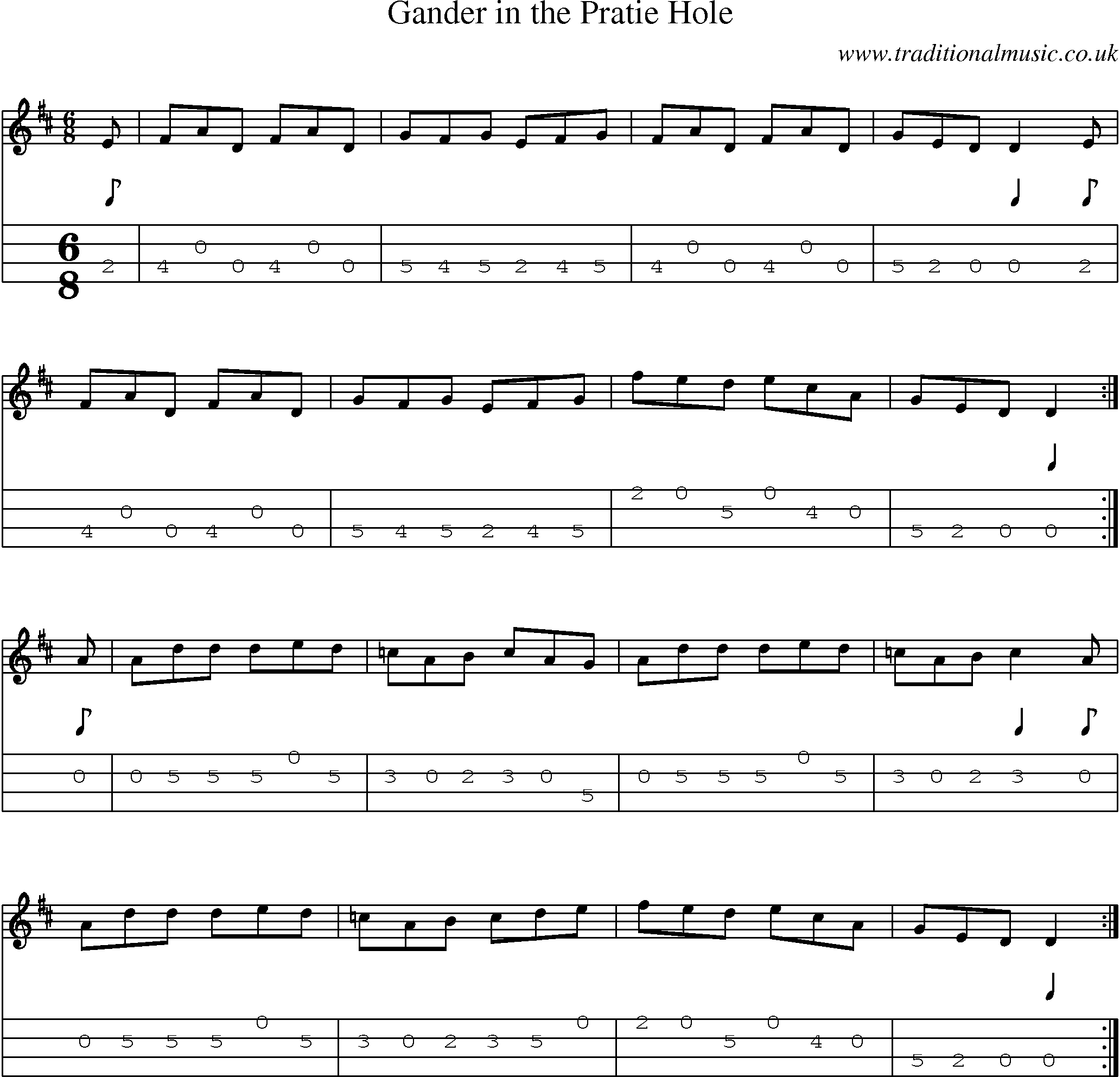 Music Score and Mandolin Tabs for Gander In Pratie Hole